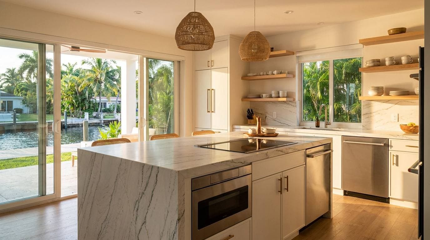 Keystone Point waterfront single-family kitchen remodel — quartzite waterfall island and integrated appliance suite