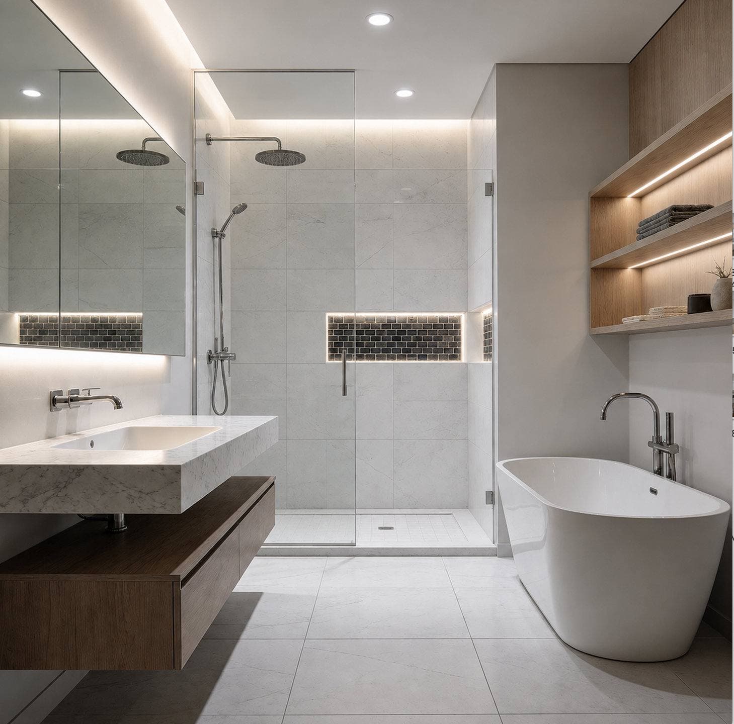 Completed bathroom remodel with a floating wood vanity and a freestanding soaking tub and a glass-enclosed walk-in shower