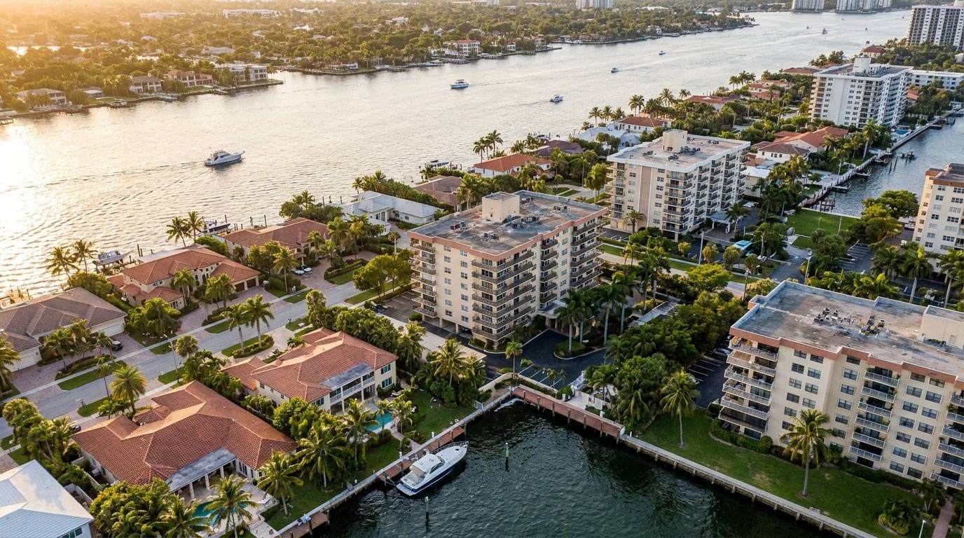 North Miami Beach residential coastline along the Intracoastal Waterway with single-family and mid-rise condo housing stock visible