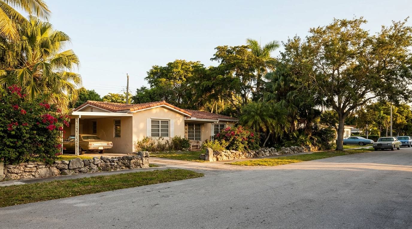 Post-WWII single-family CBS home in North Miami Beach with mature landscape, representative of the 1940s–1960s development wave