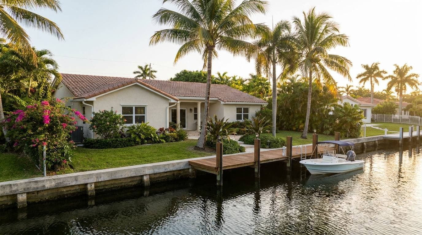 Eastern Shores canal-front single-family home in North Miami Beach with private dock, representative of the waterfront housing stock