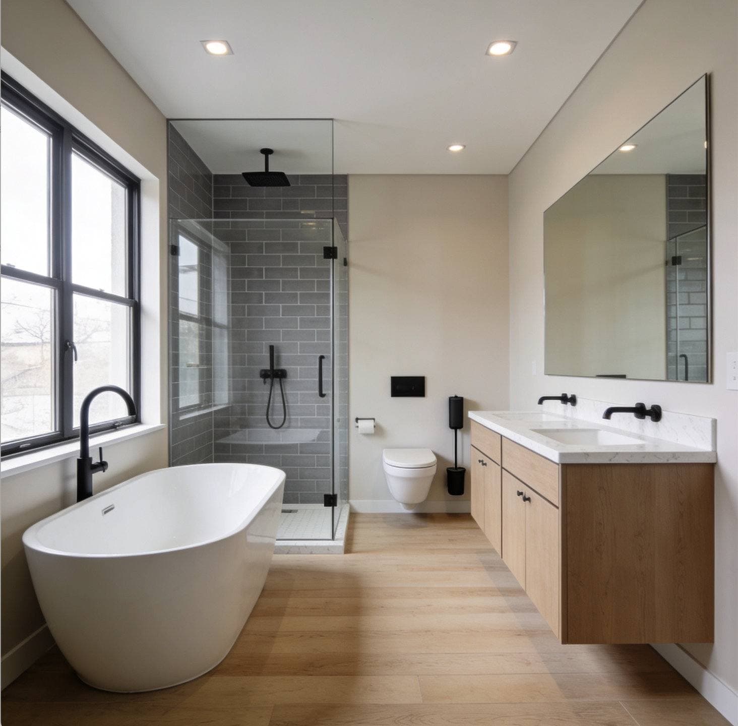 Completed bathroom remodel with a floating wood vanity and a freestanding soaking tub and a glass-enclosed walk-in shower