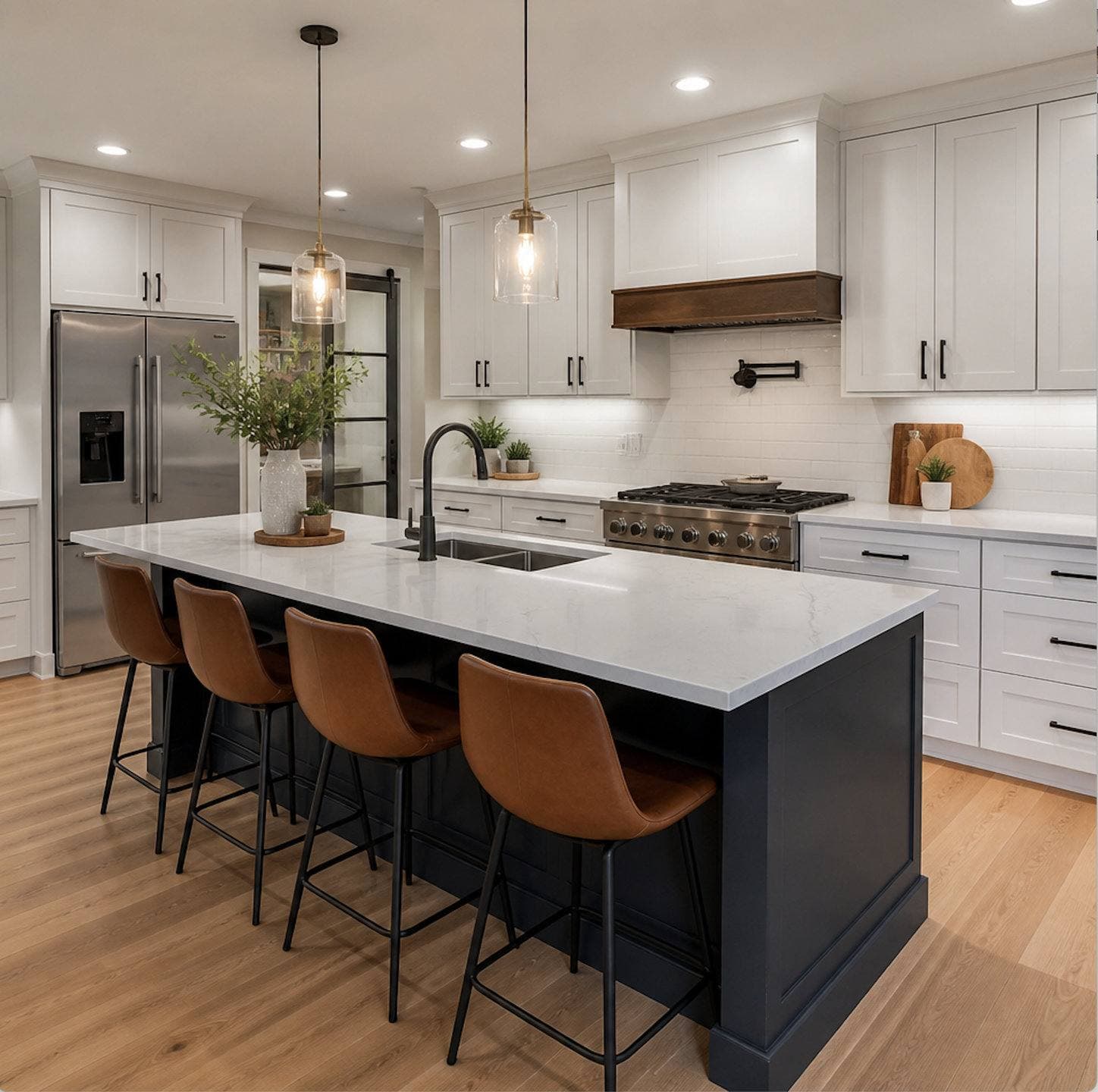 Completed kitchen remodel with white shaker cabinetry, a center island with pendant lighting, and stainless steel appliances