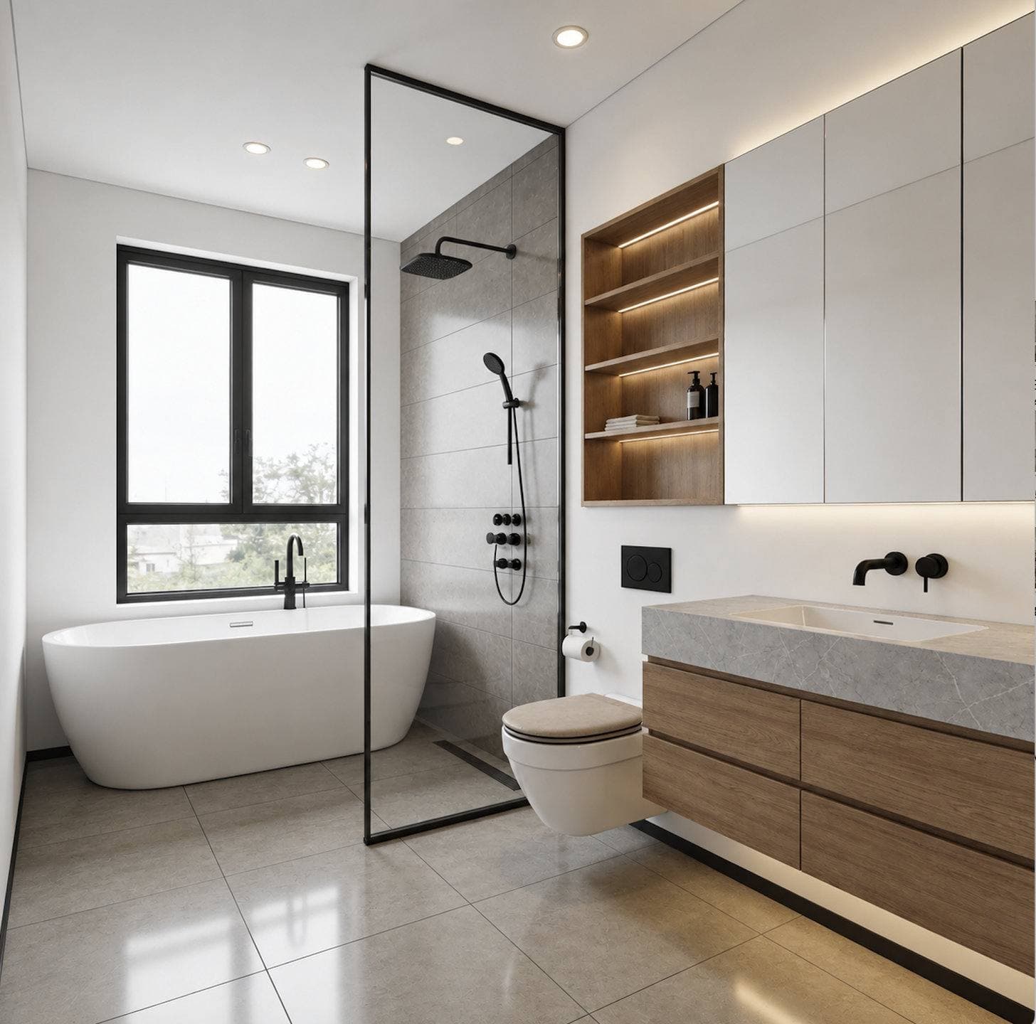 Completed bathroom remodel with a floating wood vanity and a frameless glass walk-in shower