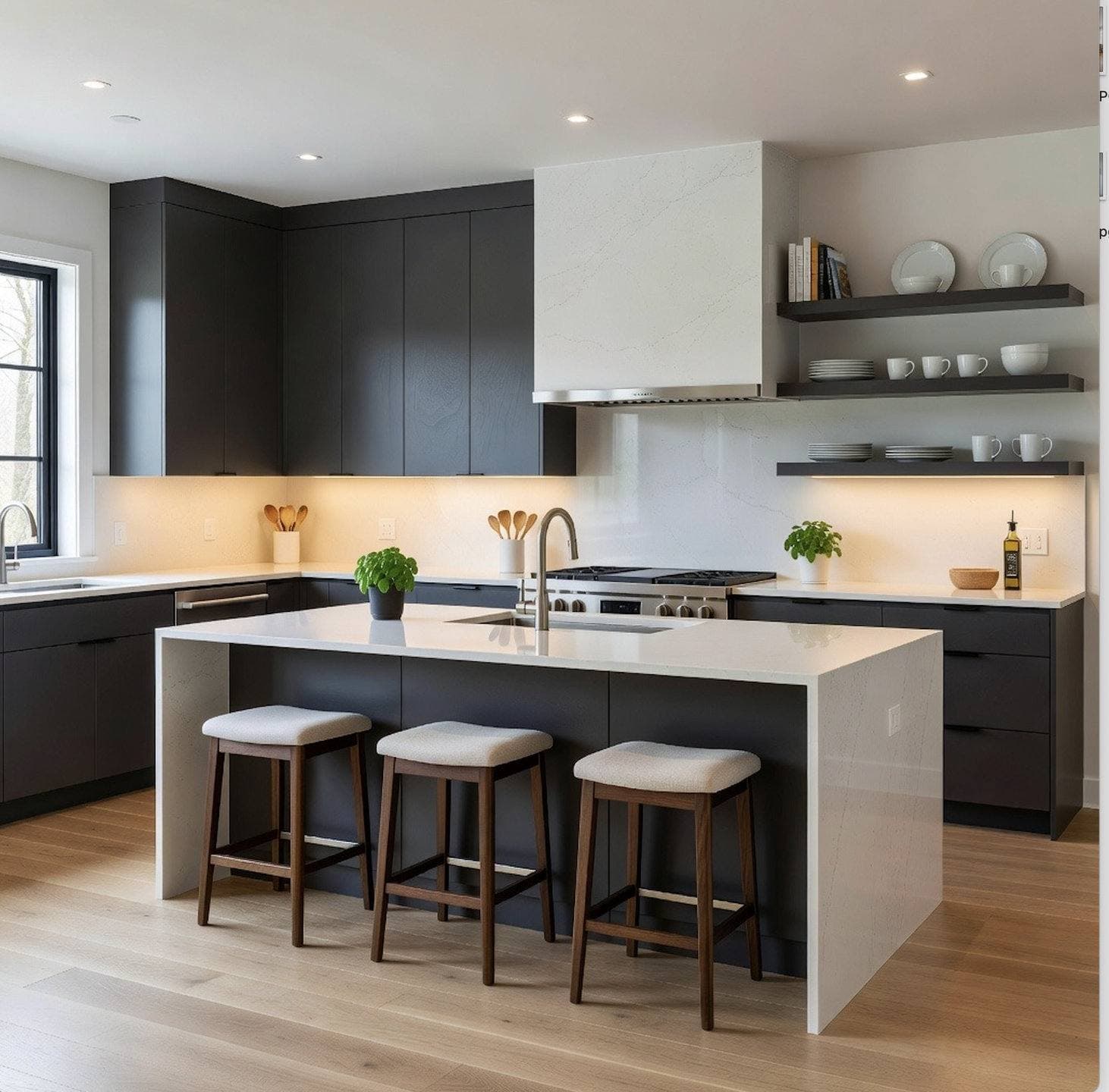 Completed kitchen remodel with two-tone dark and white cabinetry, a center island with pendant lighting, and stainless steel appliances