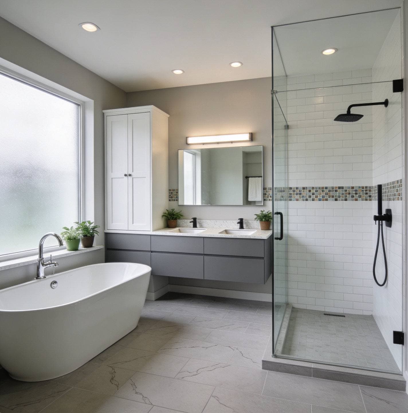 Completed bathroom remodel with a floating wood vanity and a frameless glass walk-in shower
