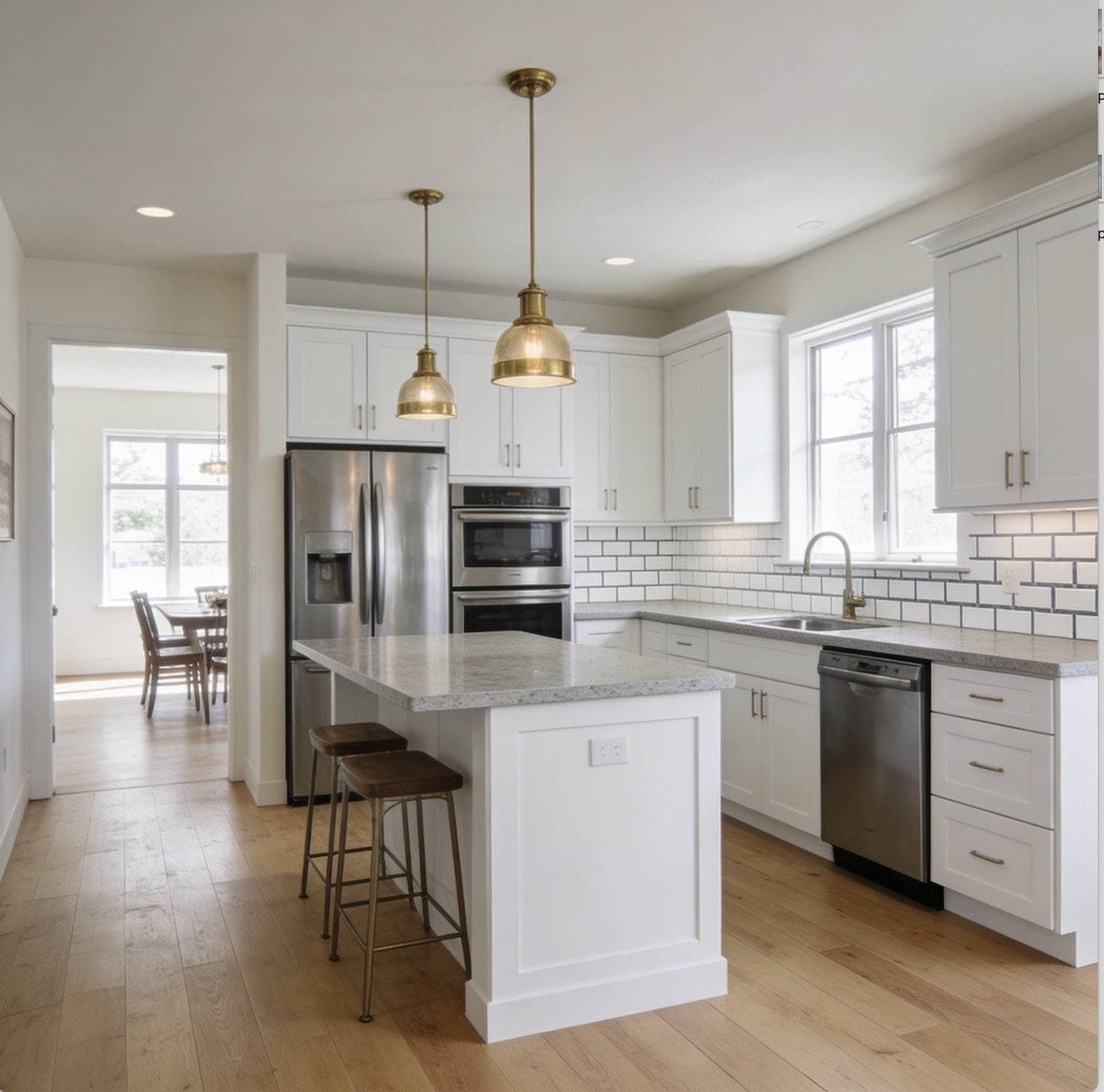 Completed kitchen remodel with white shaker cabinetry, a center island with pendant lighting, and stainless steel appliances