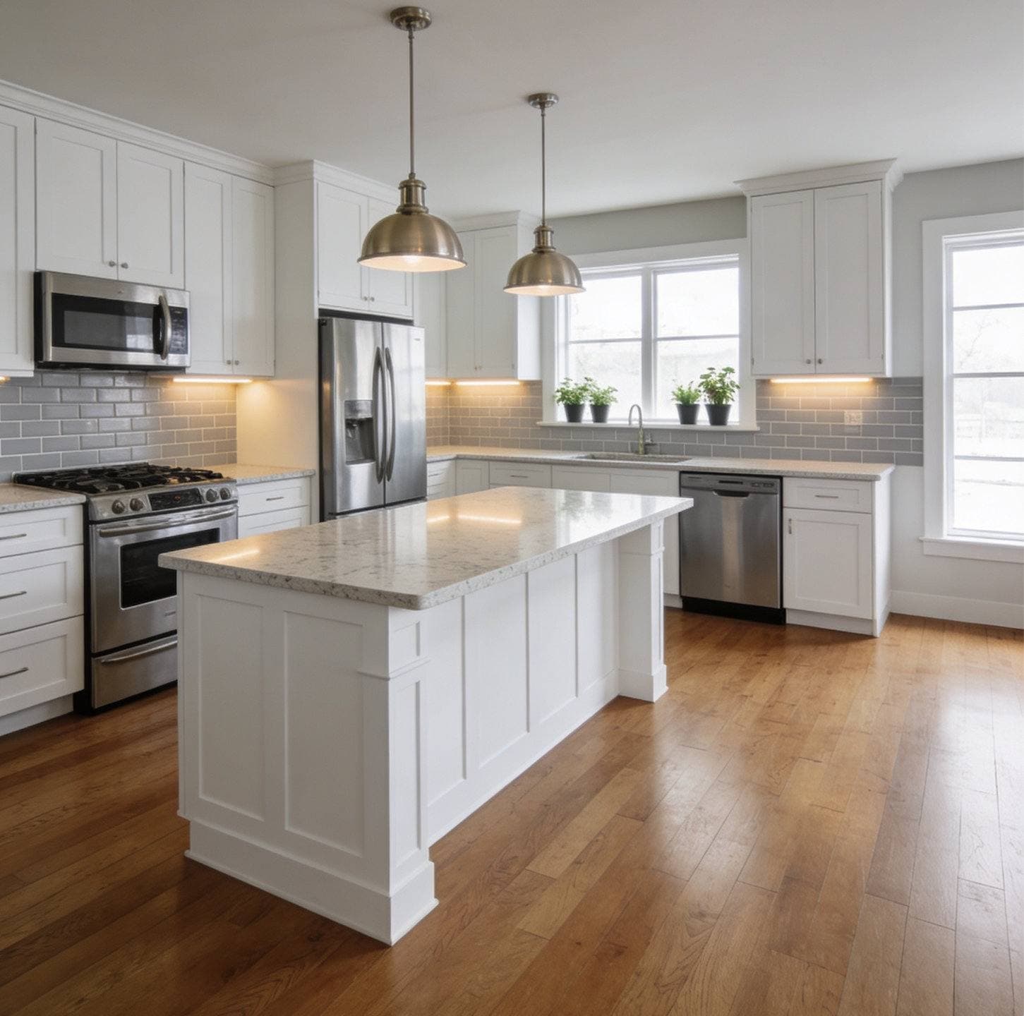 Completed kitchen remodel with white shaker cabinetry, a center island with pendant lighting, and stainless steel appliances