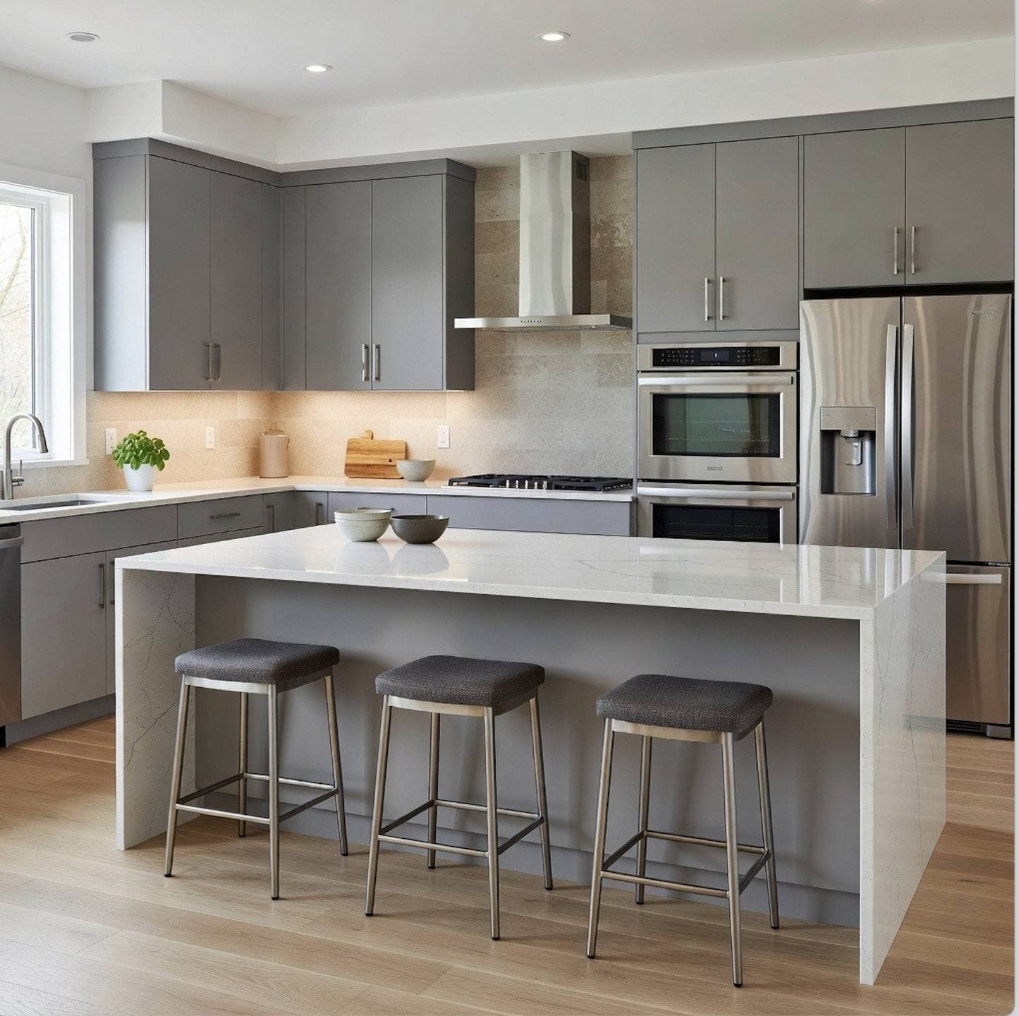 Completed kitchen remodel with white shaker cabinetry, a center island with pendant lighting, and stainless steel appliances