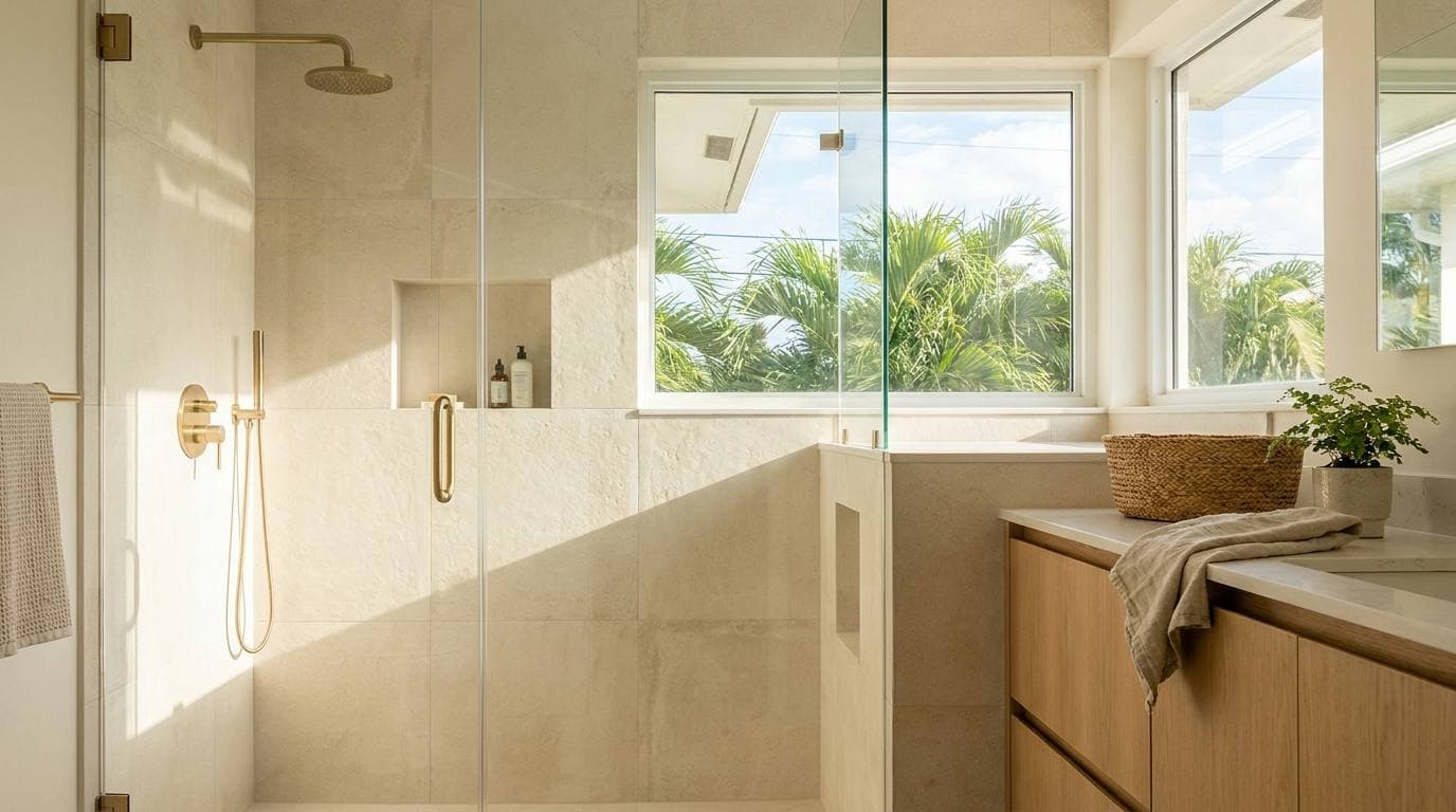 Lloyd Estates Oakland Park guest bath — Tier 02 full gut bathroom remodel with frameless glass shower