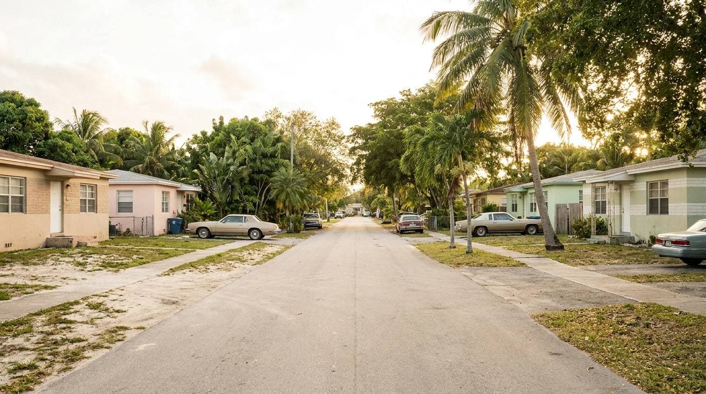 Opa-locka residential streetscape showing post-WWII concrete-block-and-stucco single-family housing stock representative of the city's 1940s–1950s development era