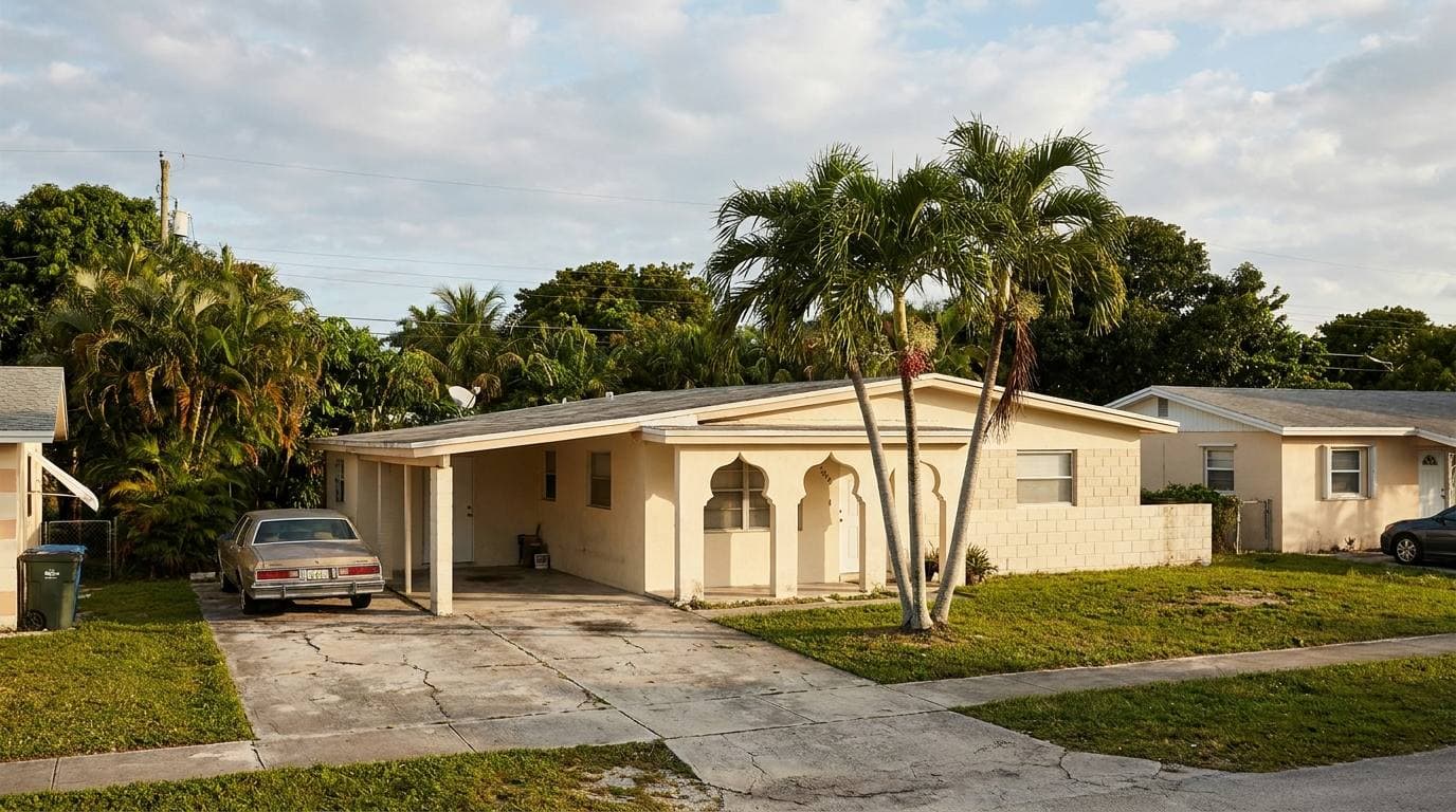 Magnolia Gardens postwar concrete-block-and-stucco single-family ranch in Opa-locka, representative of the 1940s–1950s housing boom that established the city's residential inventory
