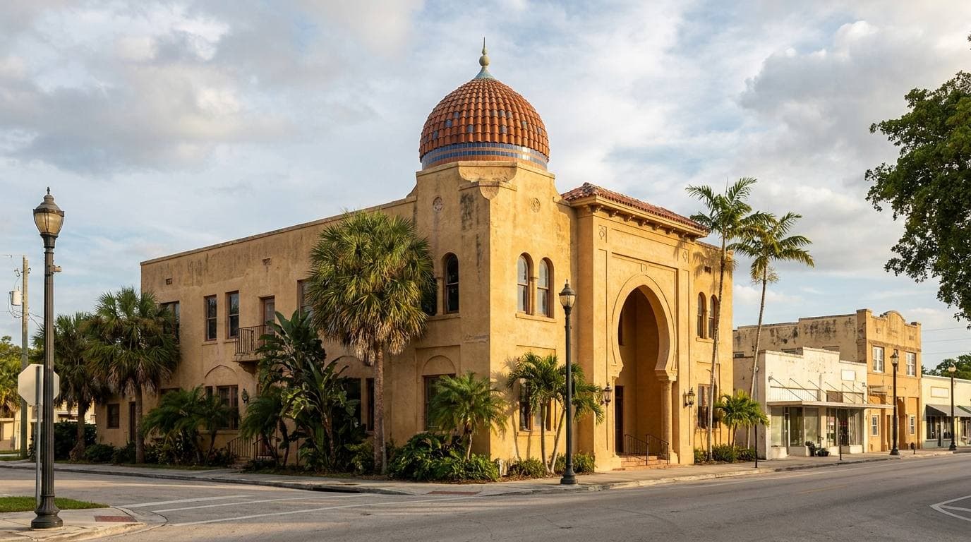 Historic Downtown Opa-locka Moorish Revival contributing structure with onion-shaped dome and Saracenic arch, representative of the National Register-listed 1926–1928 architecture by Bernhardt E. Muller