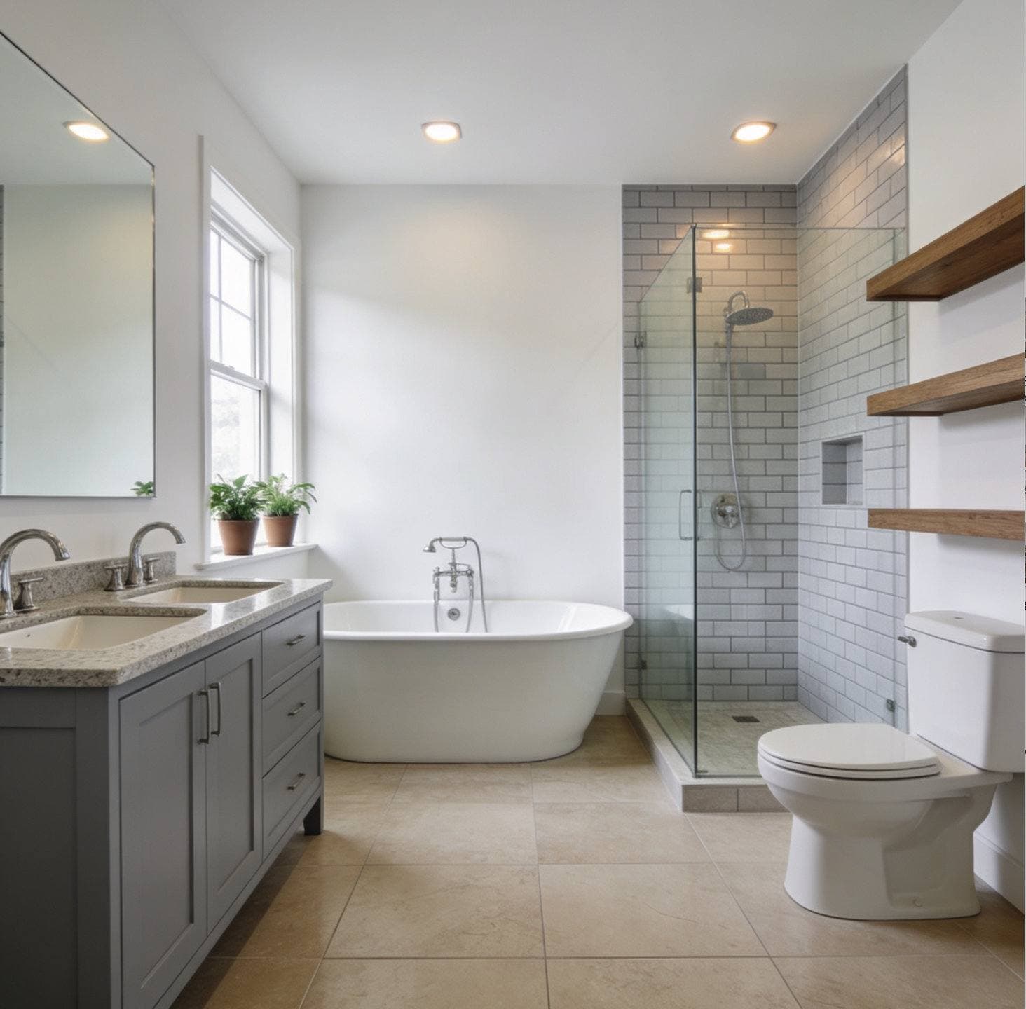 Completed bathroom remodel with a floating wood vanity and a freestanding soaking tub and a glass-enclosed walk-in shower