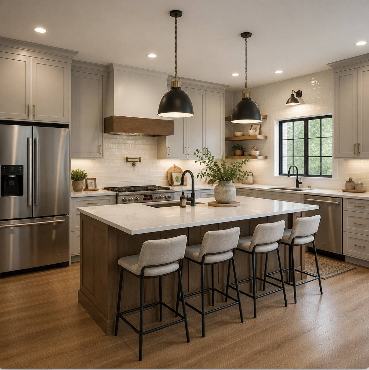 Completed kitchen remodel with white shaker cabinetry, a center island with pendant lighting, and stainless steel appliances