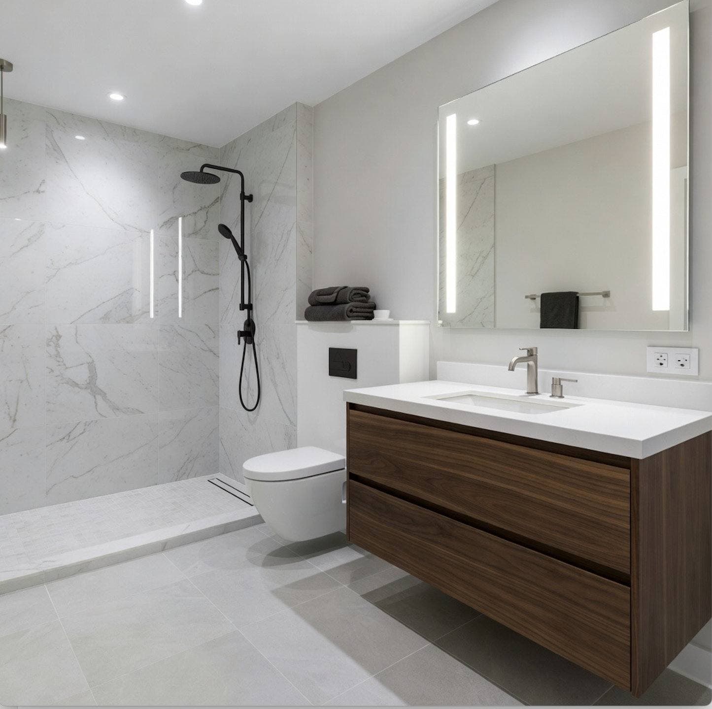 Completed bathroom remodel with a marble-topped floating vanity and a frameless glass walk-in shower