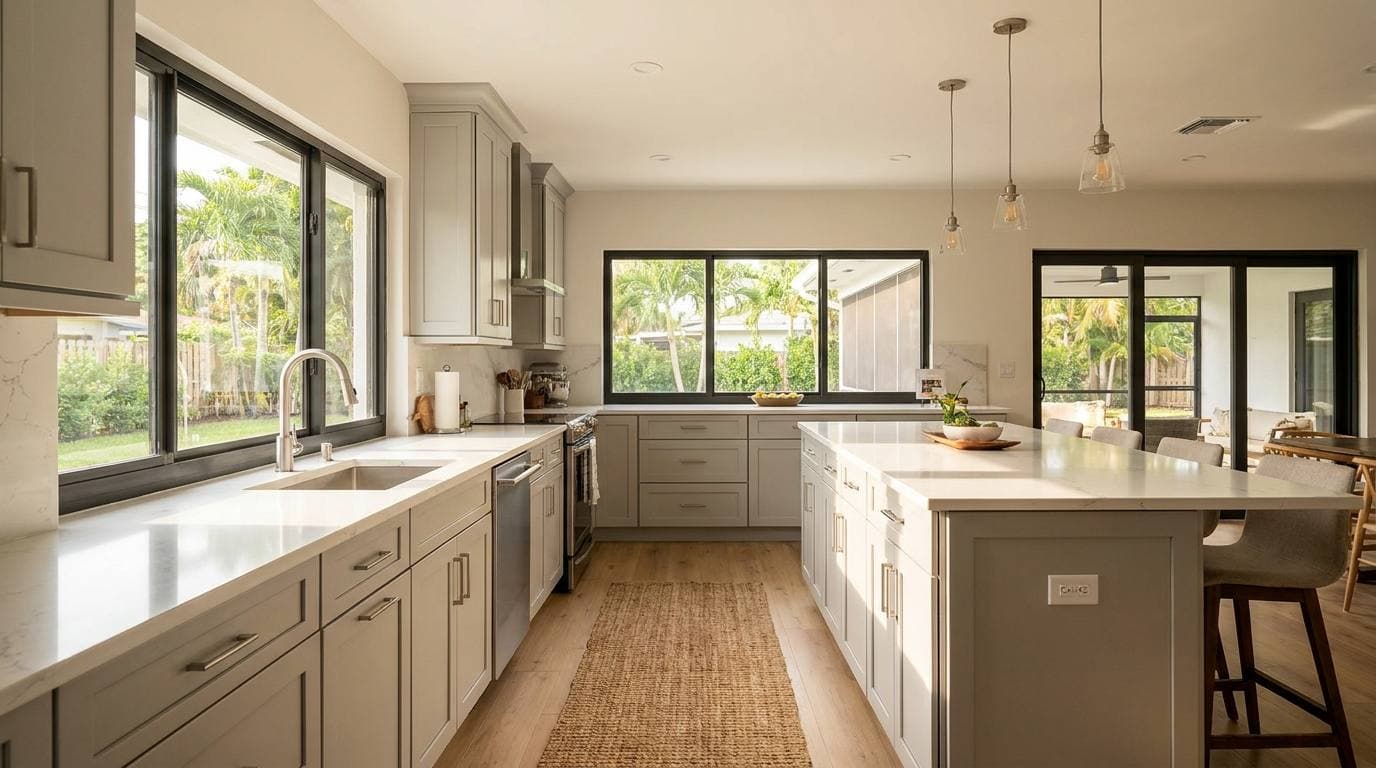 Bunche Park postwar single-family ranch kitchen — full gut remodel with shaker cabinetry, quartz counters, and HVHZ impact-glazing window replacement — illustrative project