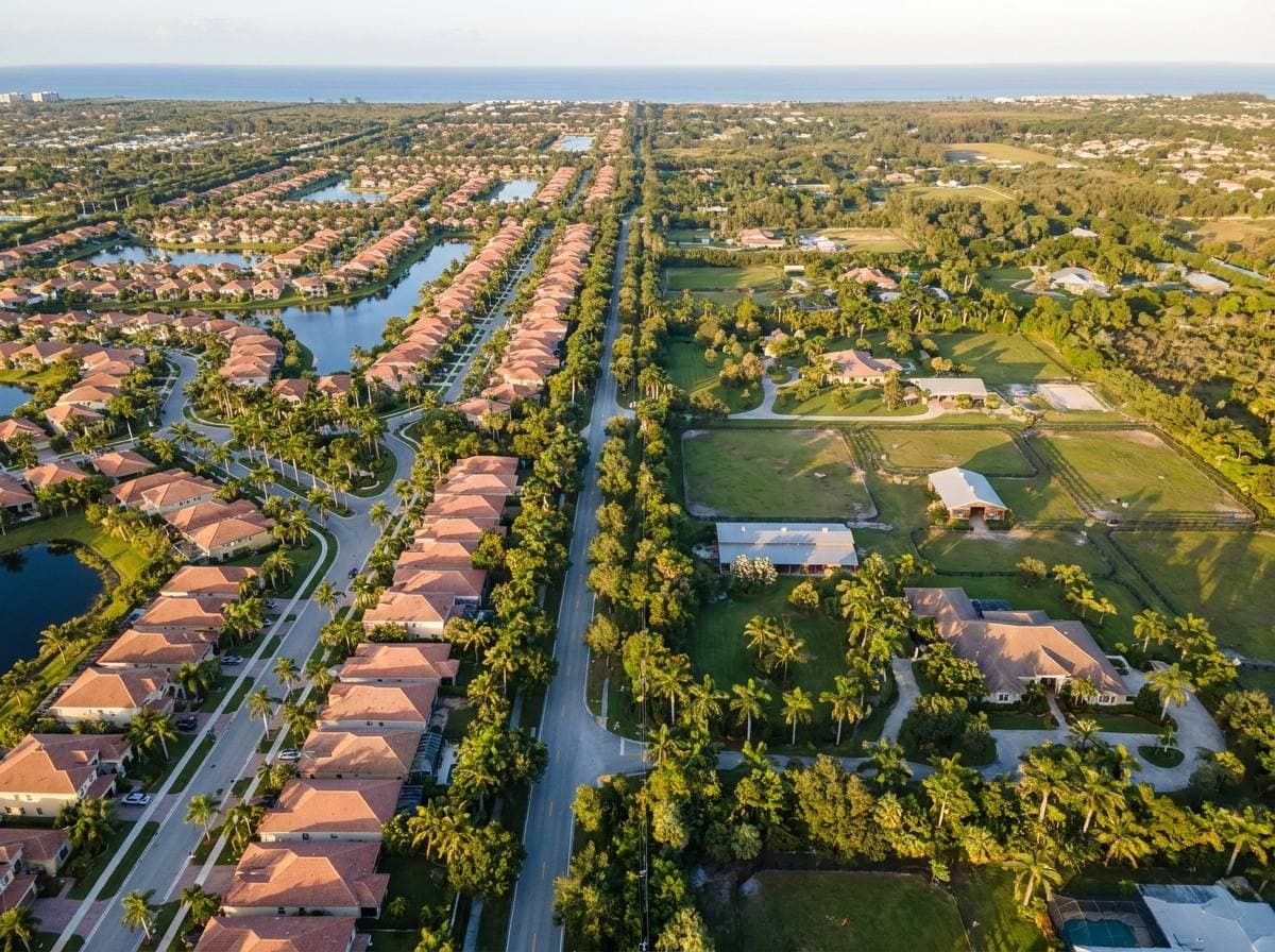 Aerial view of Parkland gated master-planned community housing stock and Ranches-corridor equestrian large-lot zoning