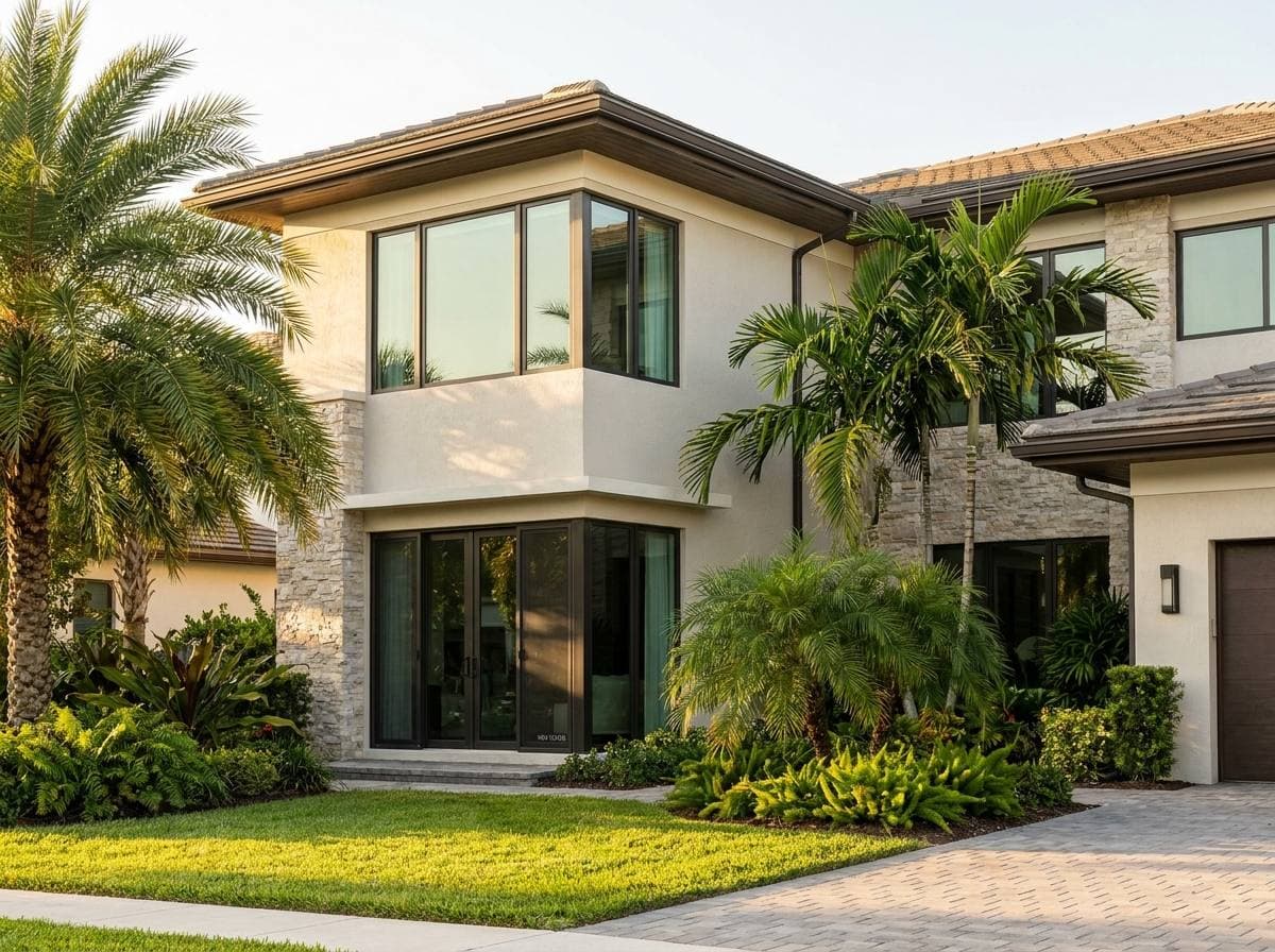 Miami-Dade NOA-stamped impact glazing assembly on a Parkland gated-community single-family elevation