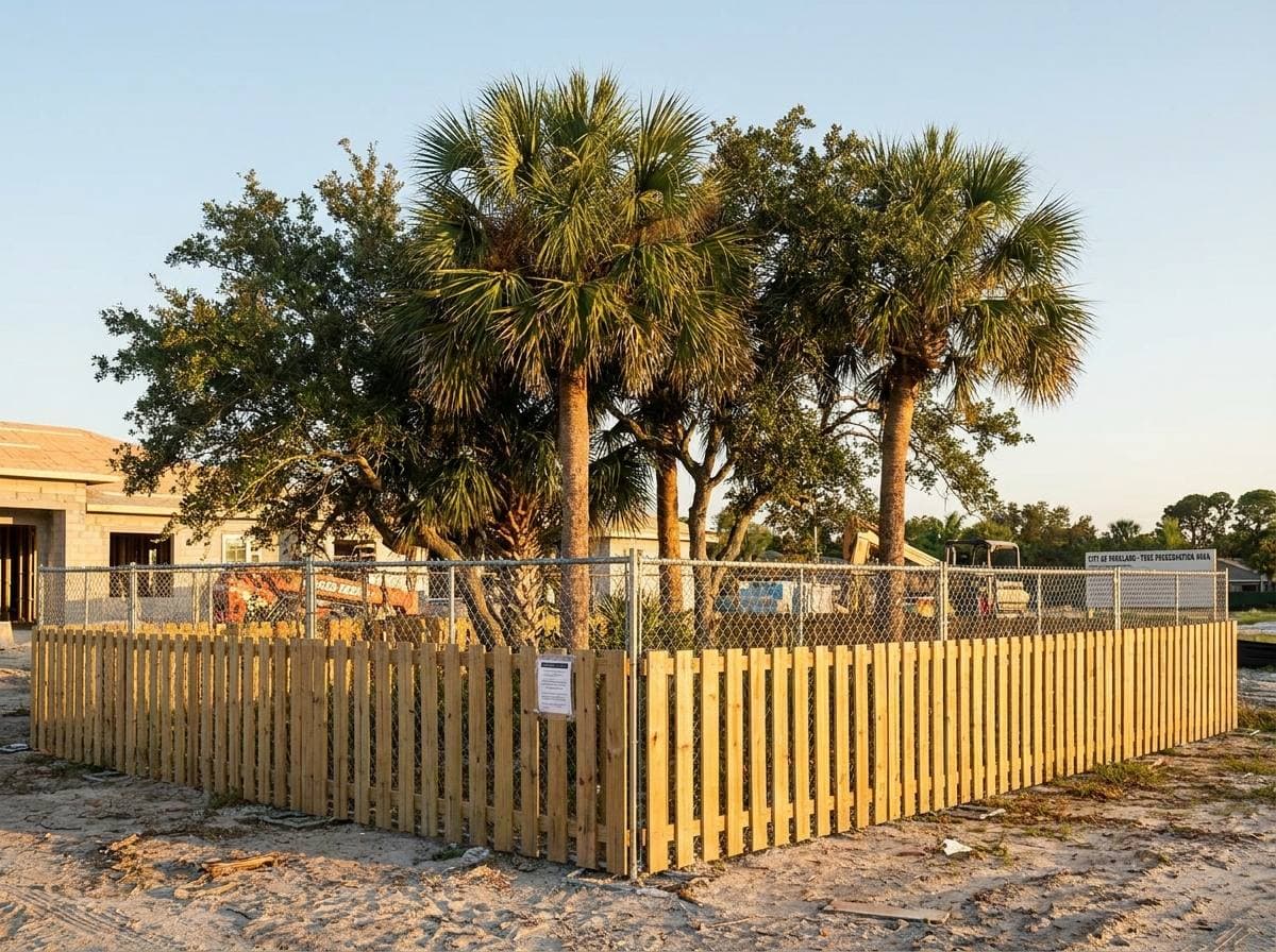 ANSI Z-300 tree protection barrier on a Parkland jobsite under the city's tree-preservation ordinance Chapter 20