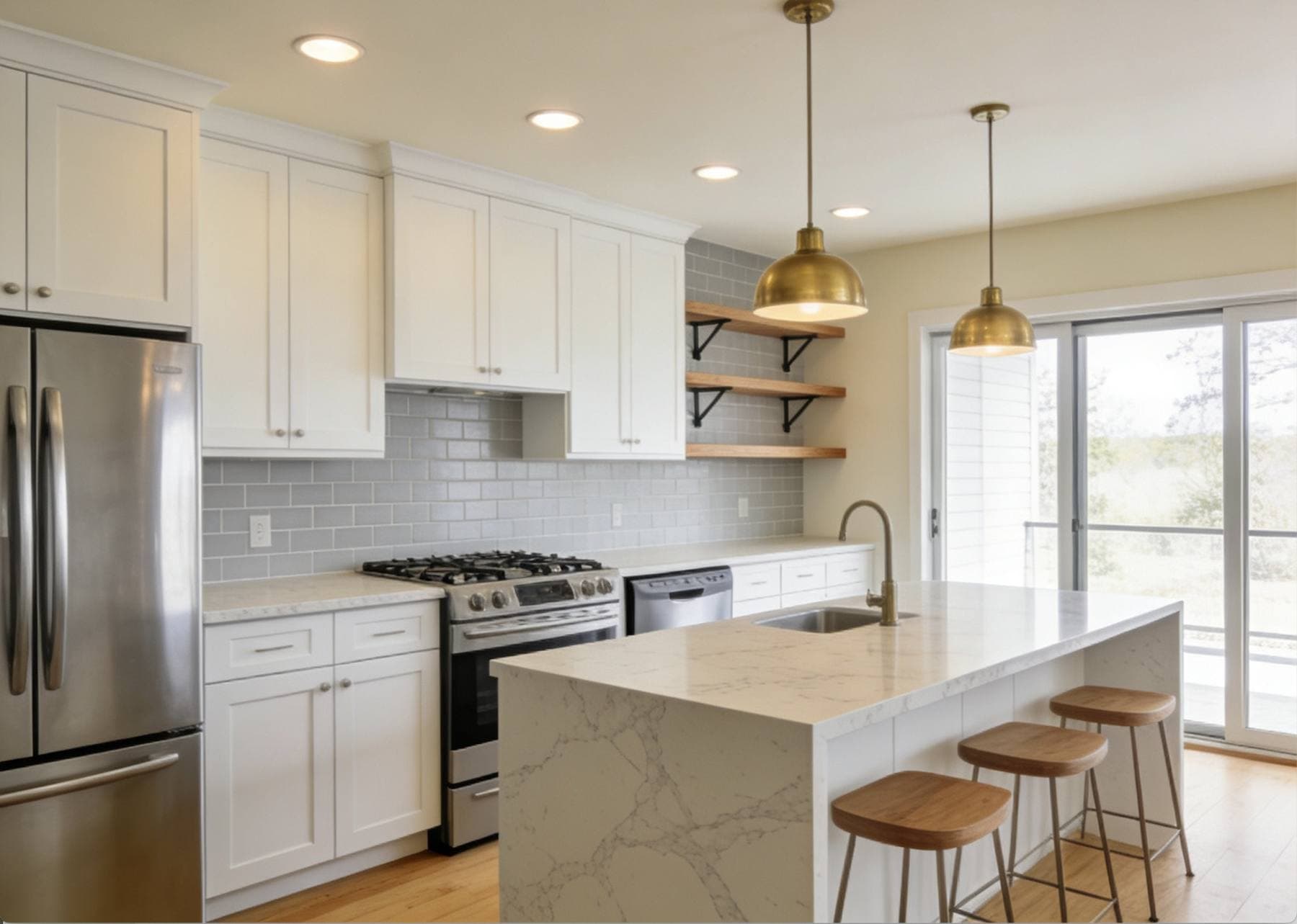 Completed kitchen remodel with white shaker cabinetry, a center island with pendant lighting, and stainless steel appliances