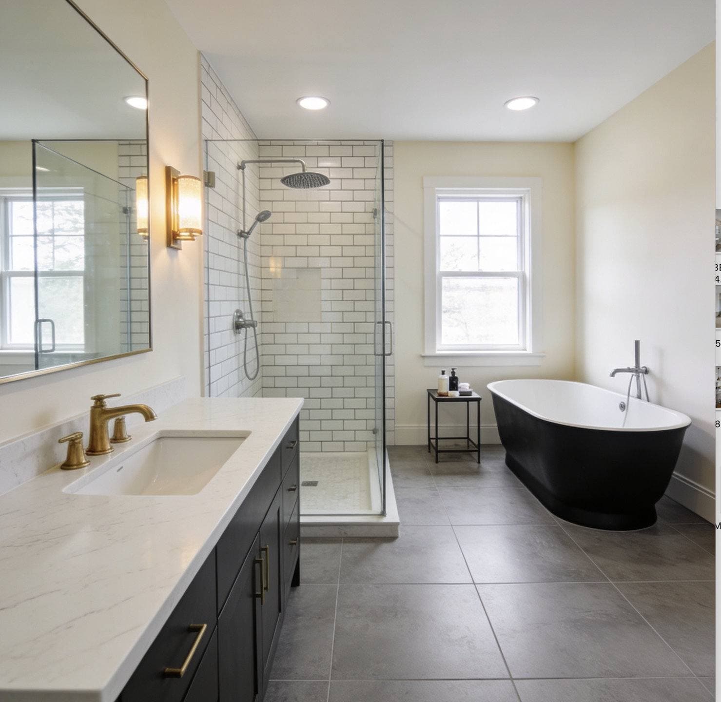 Completed bathroom remodel with a floating wood vanity and a freestanding soaking tub and a glass-enclosed walk-in shower