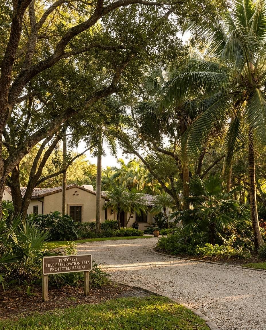 Mature tree canopy on Pinecrest 1-acre estate lot — Village tree-preservation ordinance context