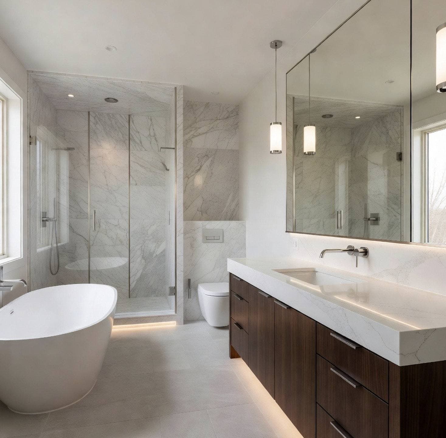 Completed bathroom remodel with a floating wood vanity and a frameless glass walk-in shower