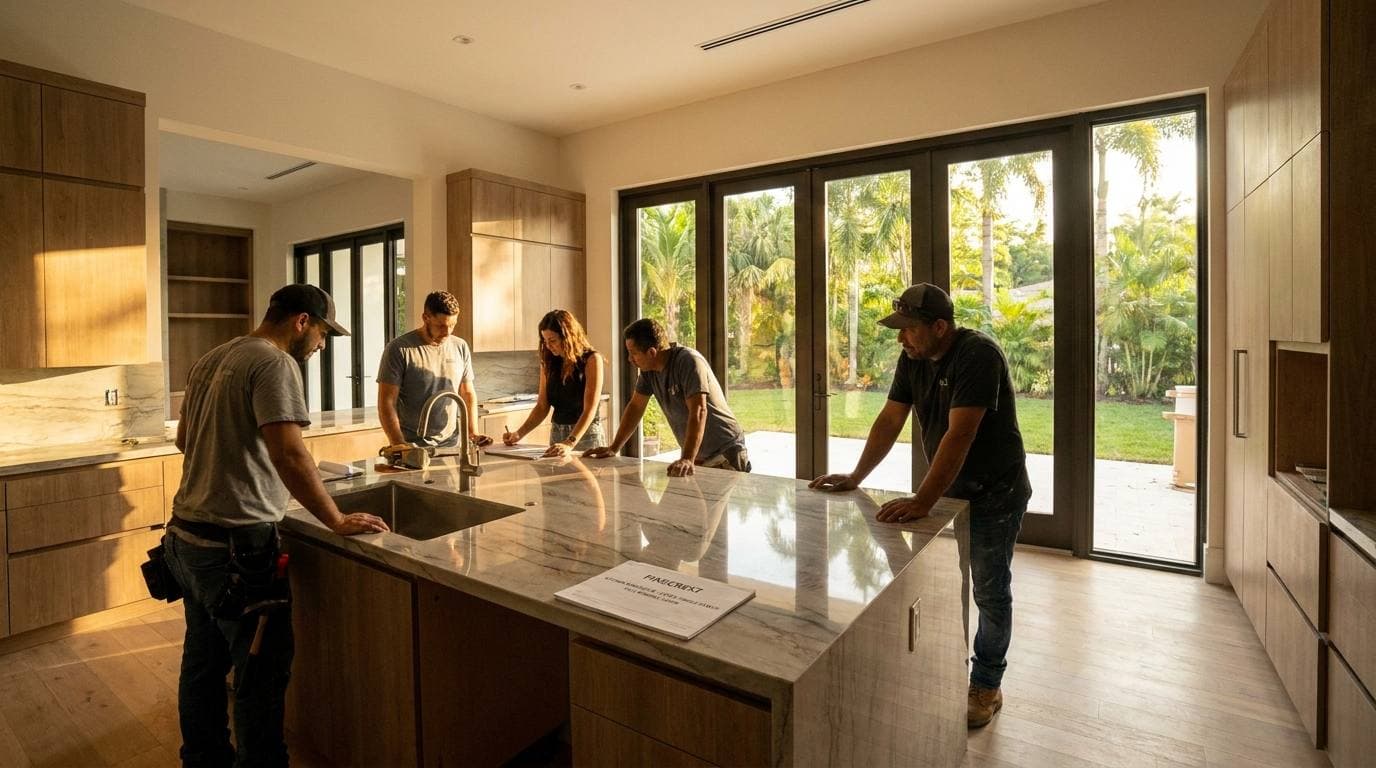 Pinecrest kitchen remodeler scope — estate single-family full kitchen remodel, quartzite waterfall island