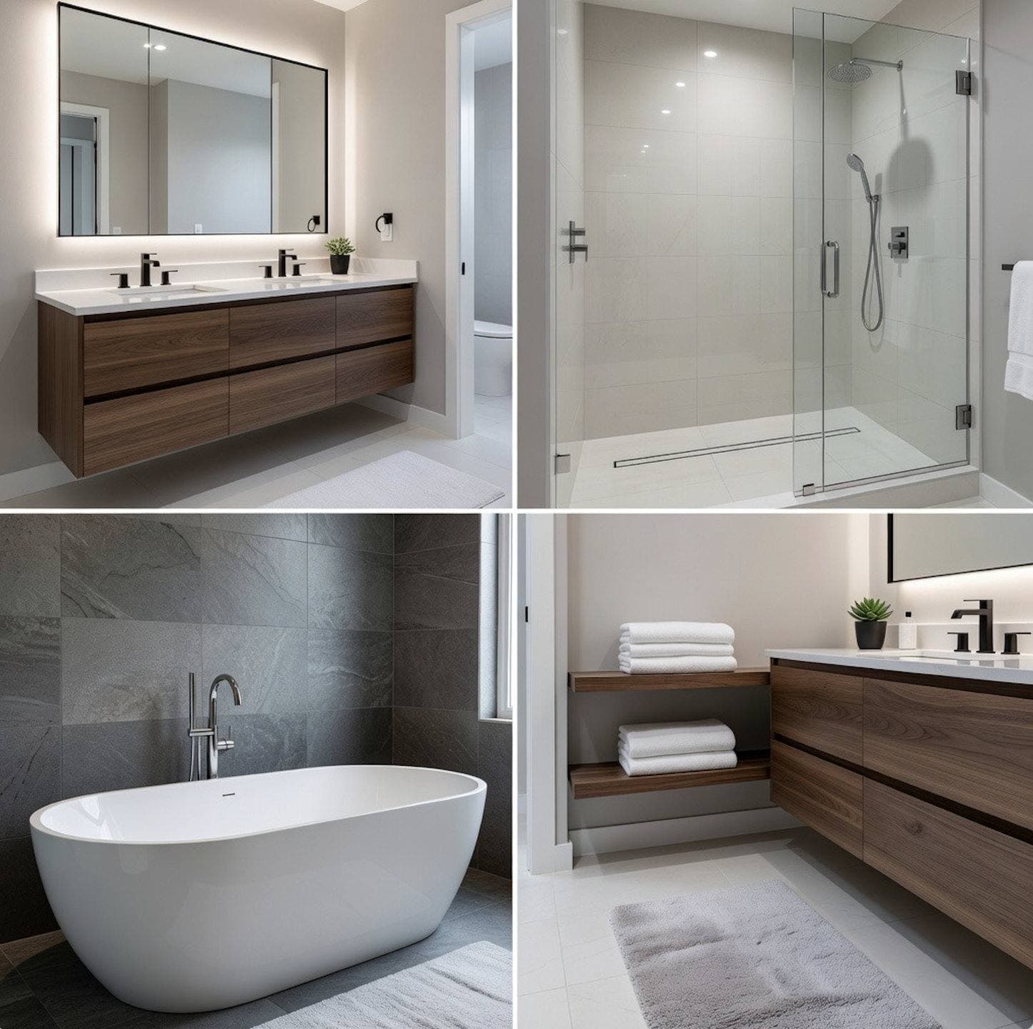 Completed bathroom remodel with a floating wood vanity and a frameless glass walk-in shower
