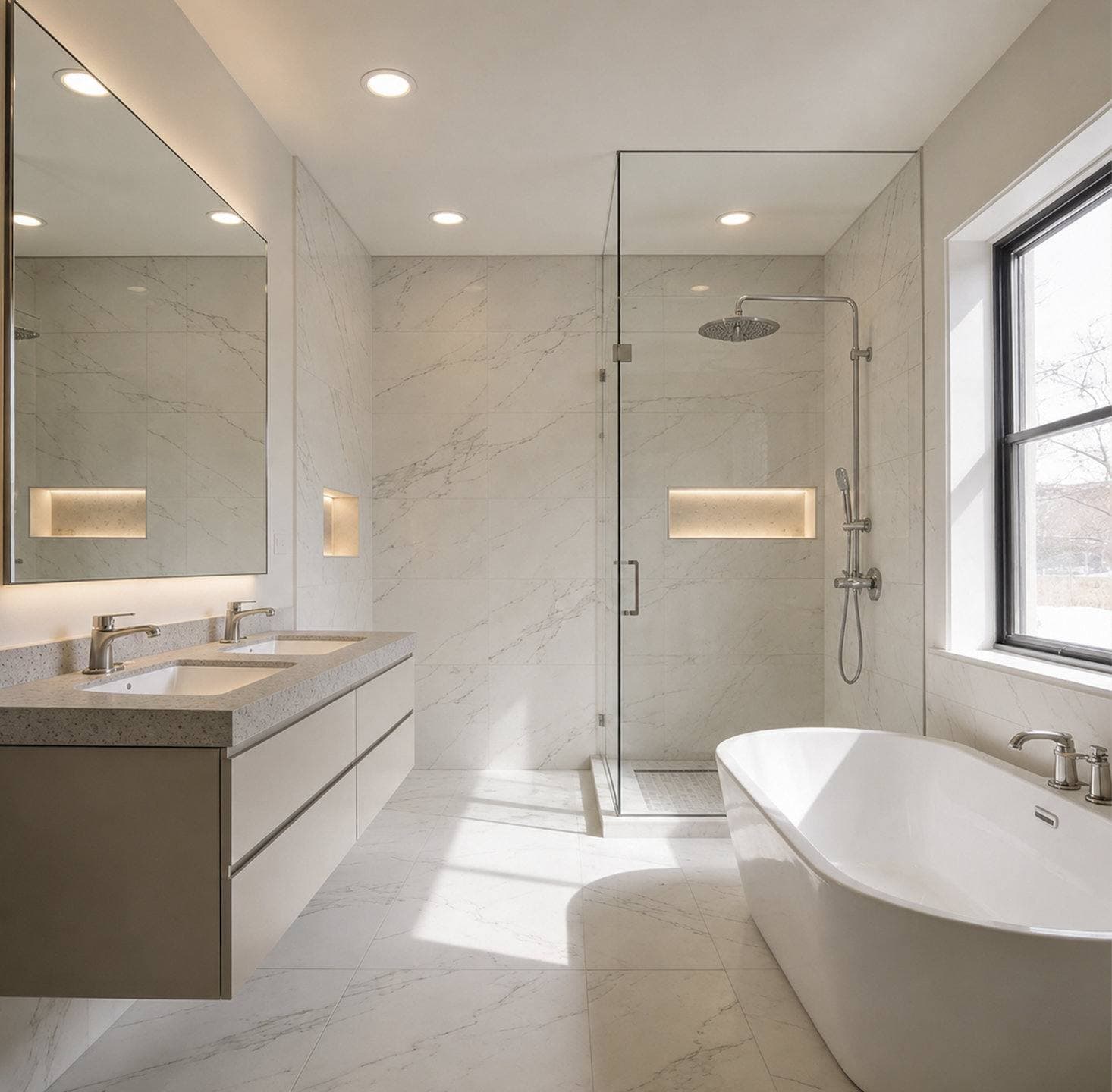 Completed bathroom remodel with a floating wood vanity and a frameless glass walk-in shower