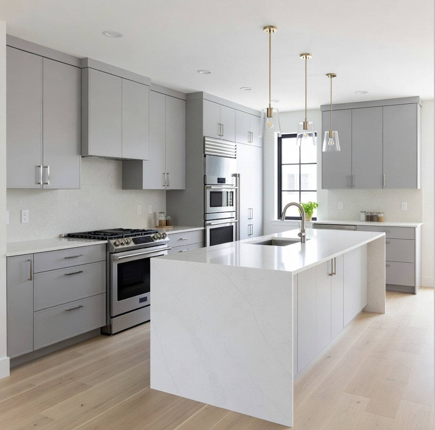 Completed kitchen remodel with white shaker cabinetry, a center island with pendant lighting, and stainless steel appliances