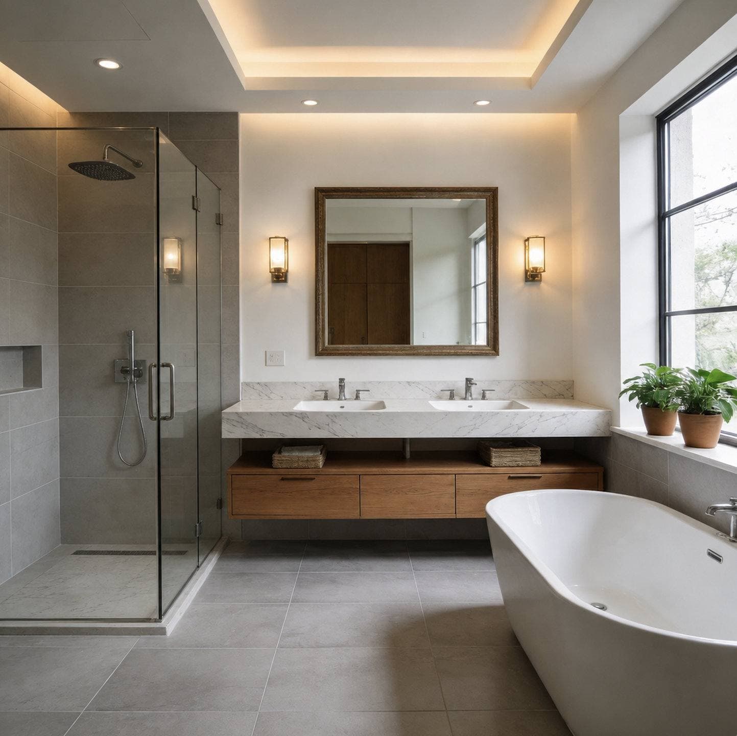 Completed bathroom remodel with a floating wood vanity and a freestanding soaking tub and a glass-enclosed walk-in shower