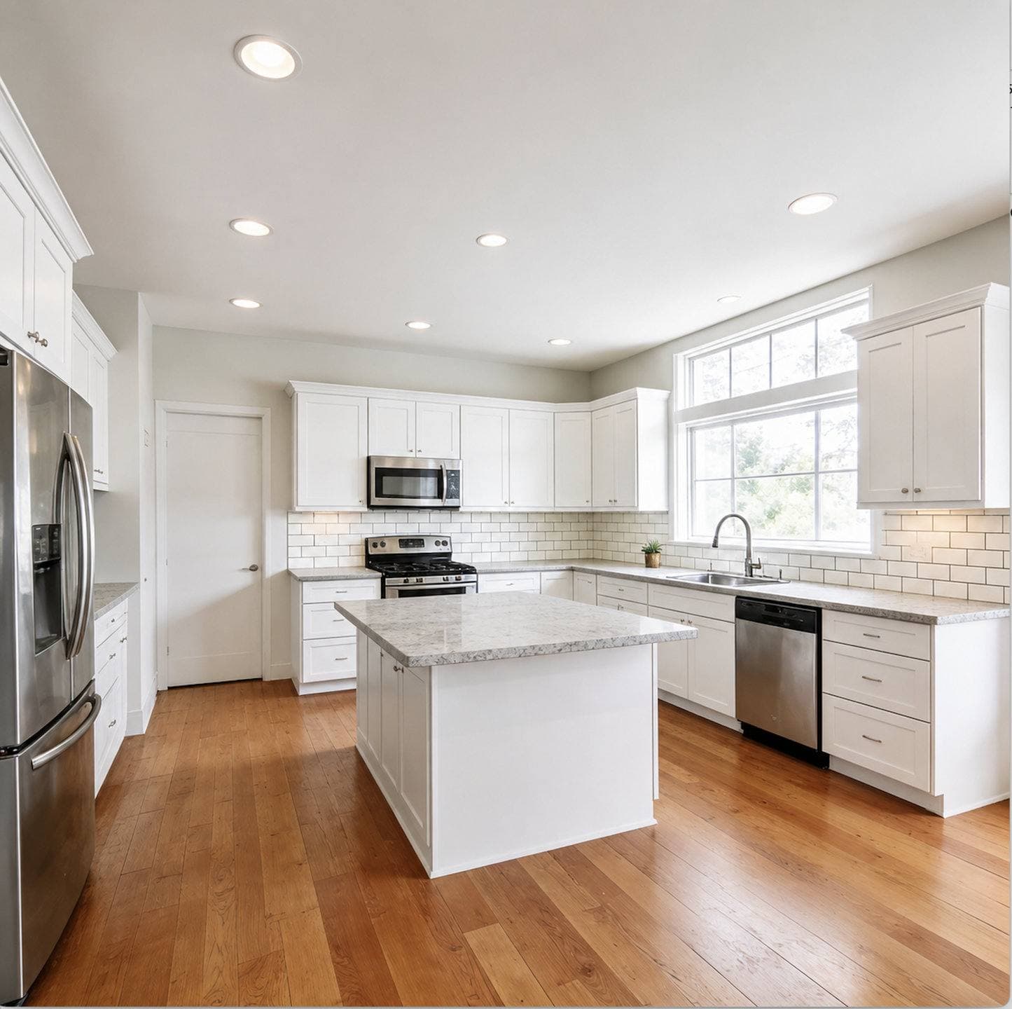 Completed kitchen remodel with white shaker cabinetry, a center island with pendant lighting, and stainless steel appliances