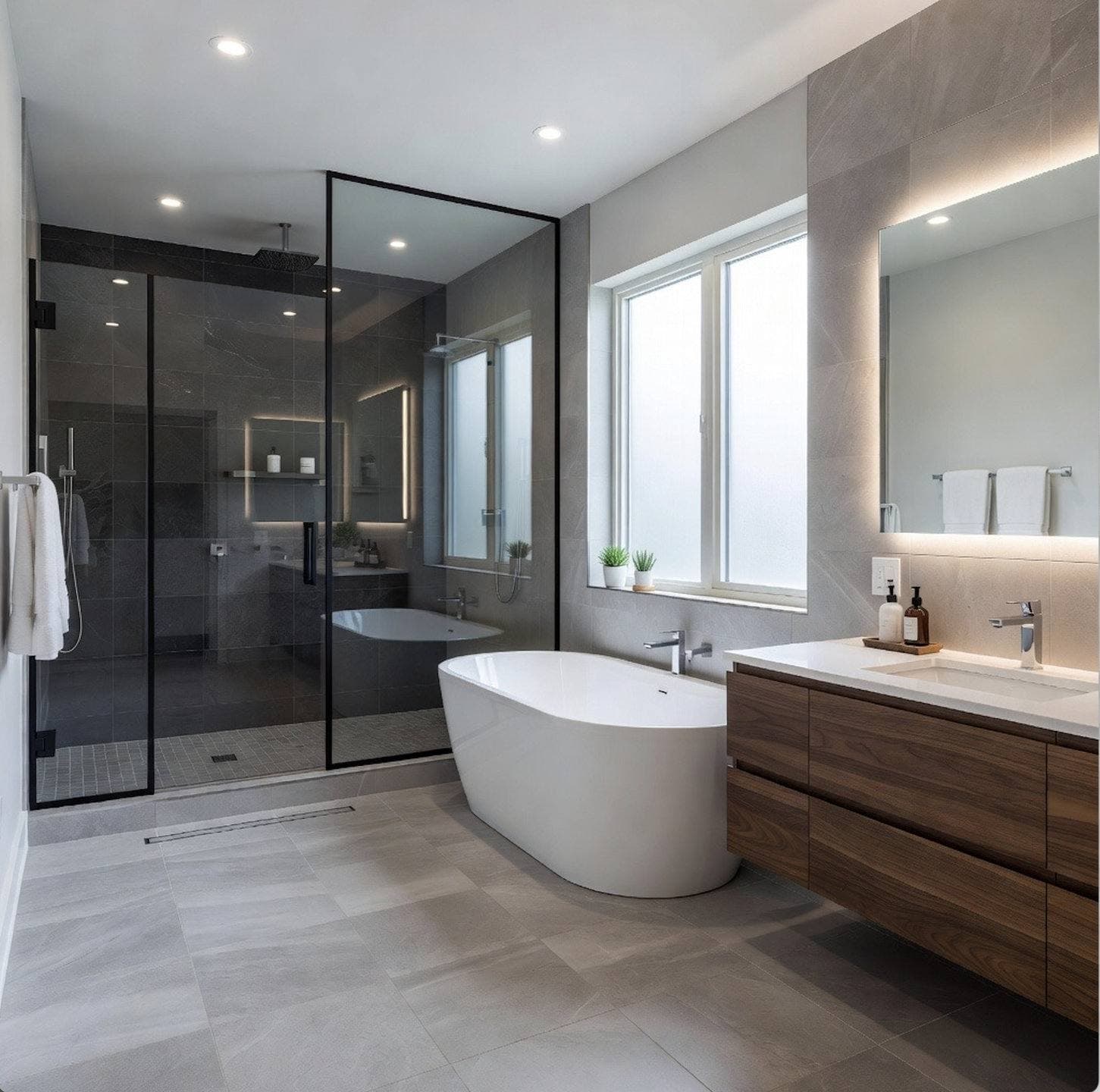 Completed bathroom remodel with a floating wood vanity and a freestanding soaking tub and a glass-enclosed walk-in shower
