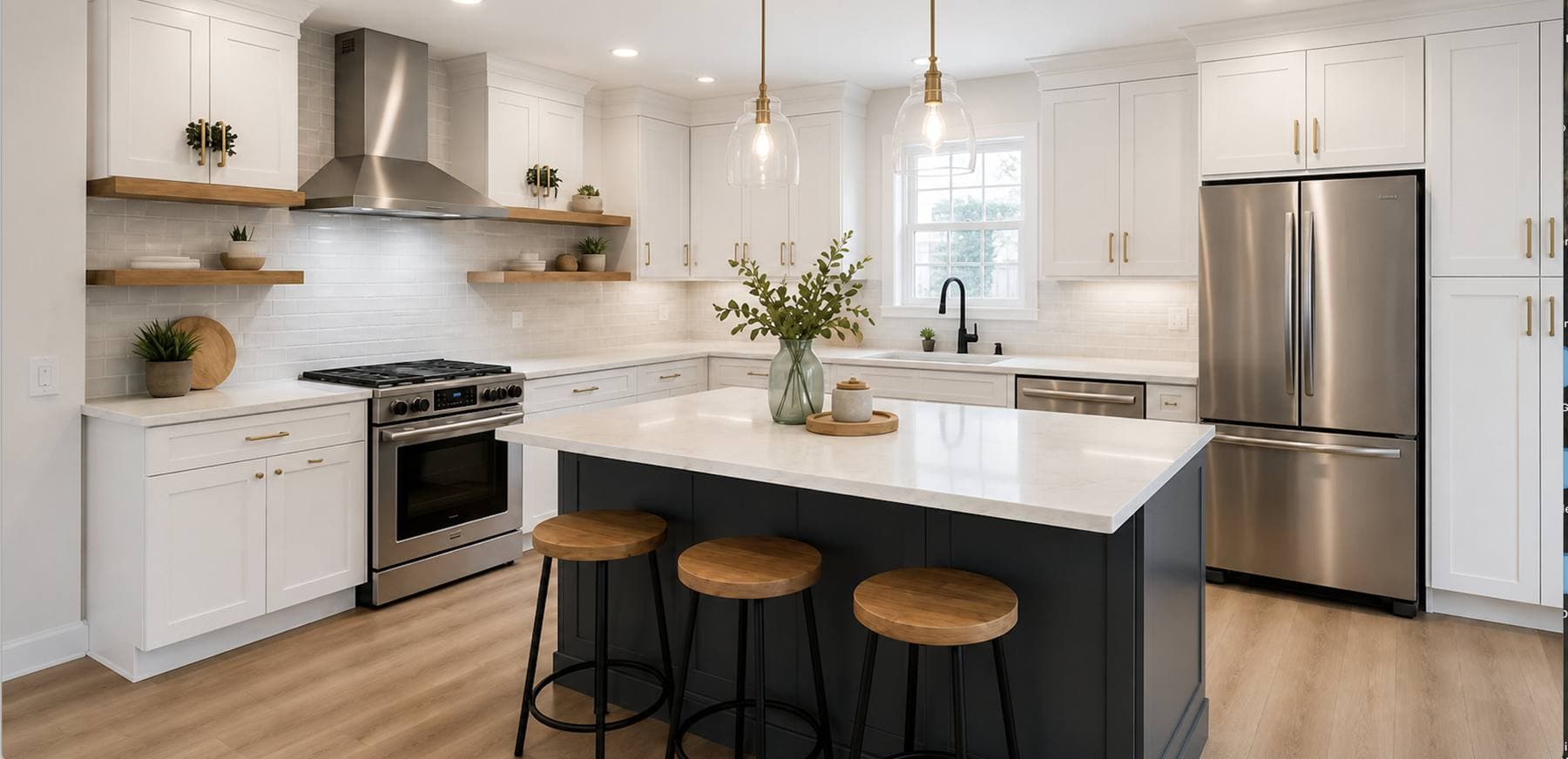 Completed kitchen remodel with white shaker cabinetry, a center island with pendant lighting, and stainless steel appliances