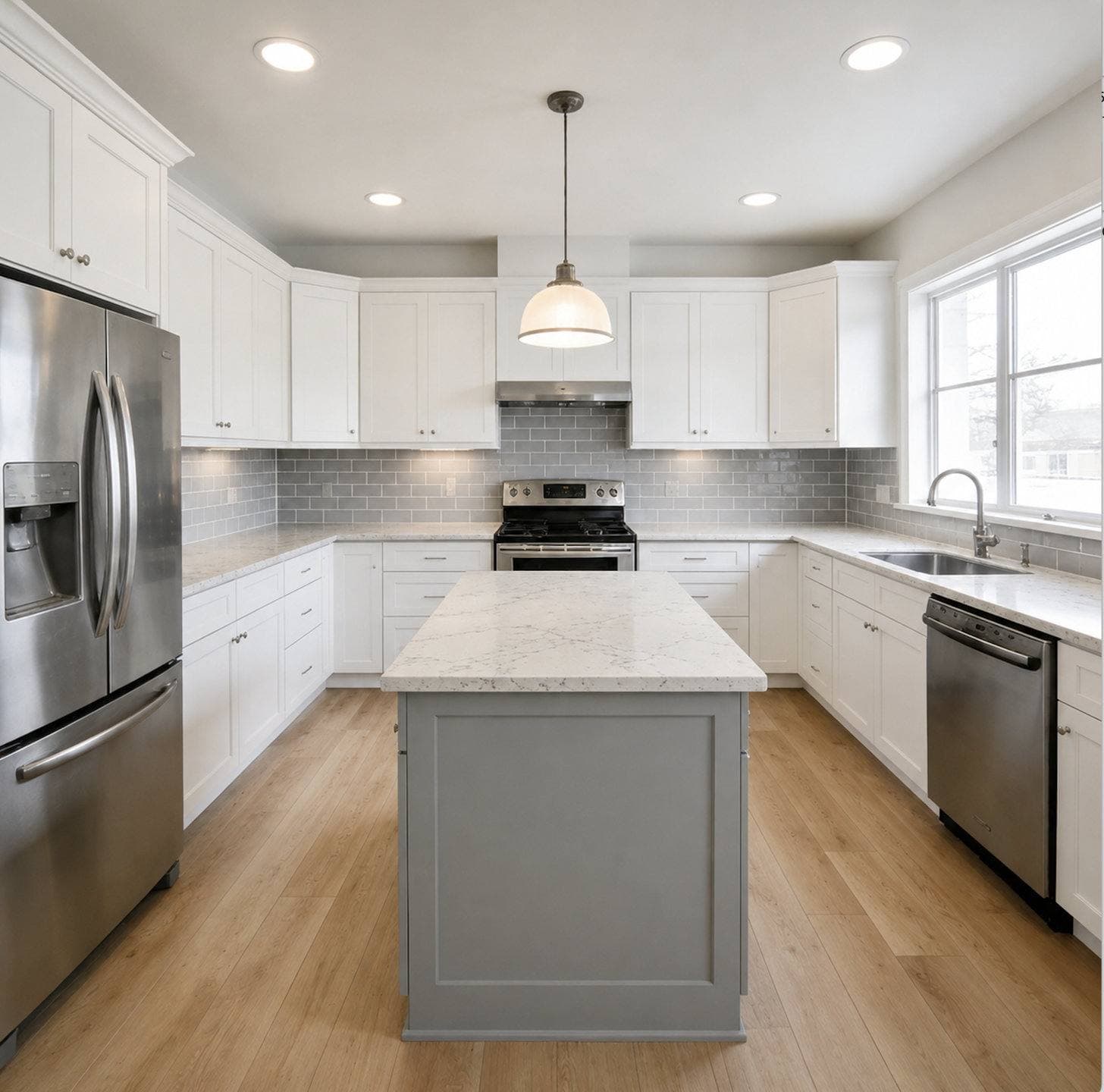 Completed kitchen remodel with white shaker cabinetry, a center island with pendant lighting, and stainless steel appliances