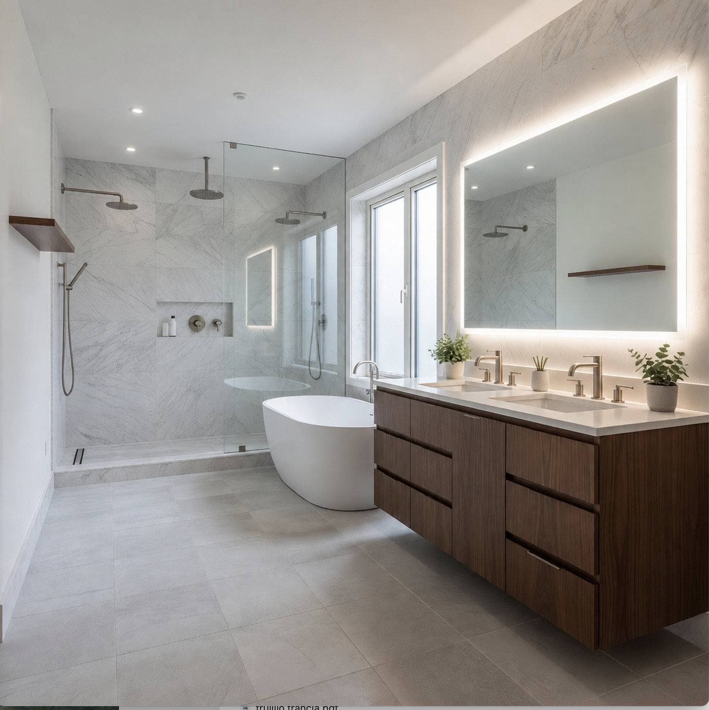 Completed bathroom remodel with a floating wood vanity and a frameless glass walk-in shower