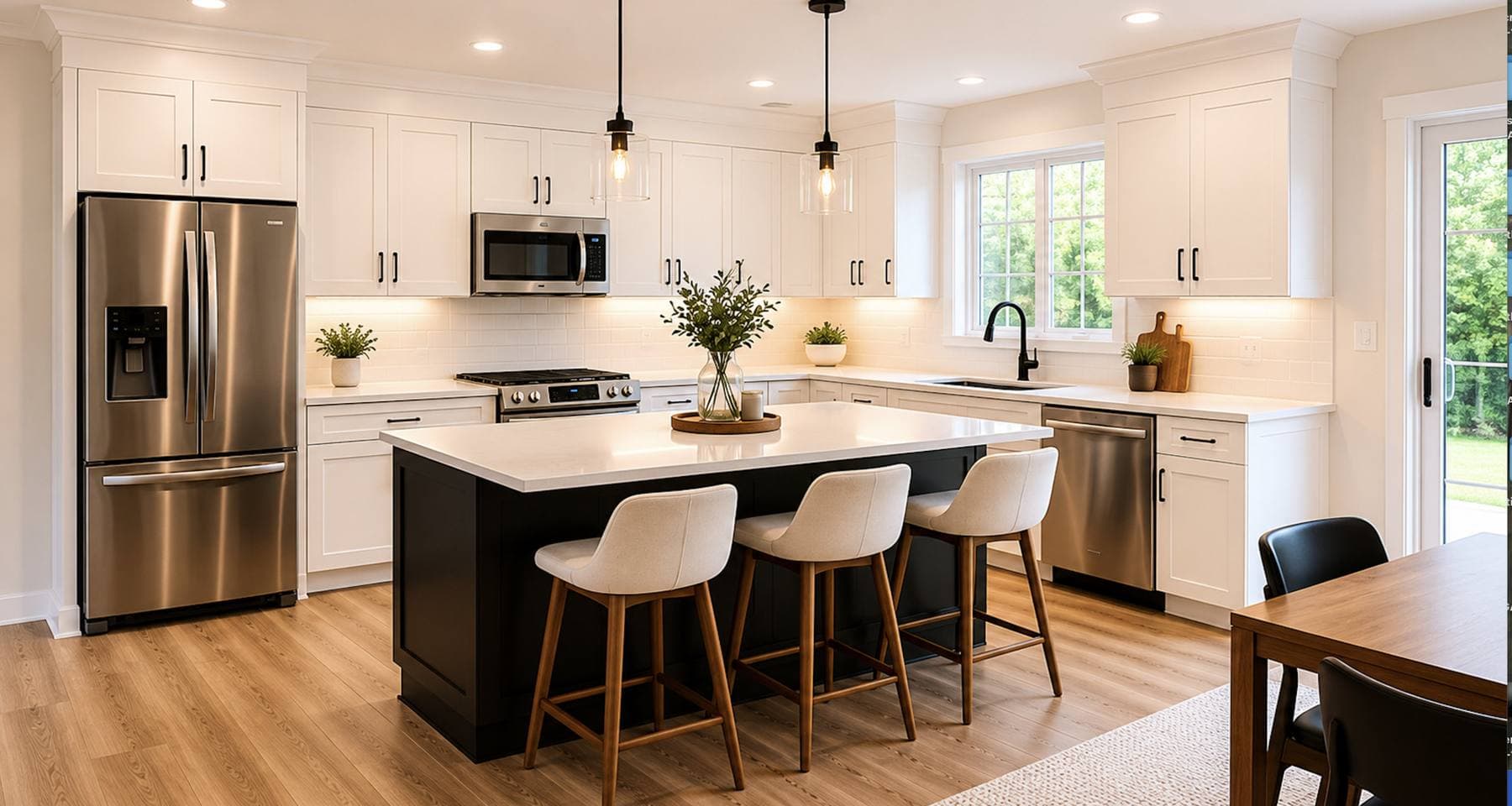 Completed kitchen remodel with white shaker cabinetry, a center island with pendant lighting, and stainless steel appliances