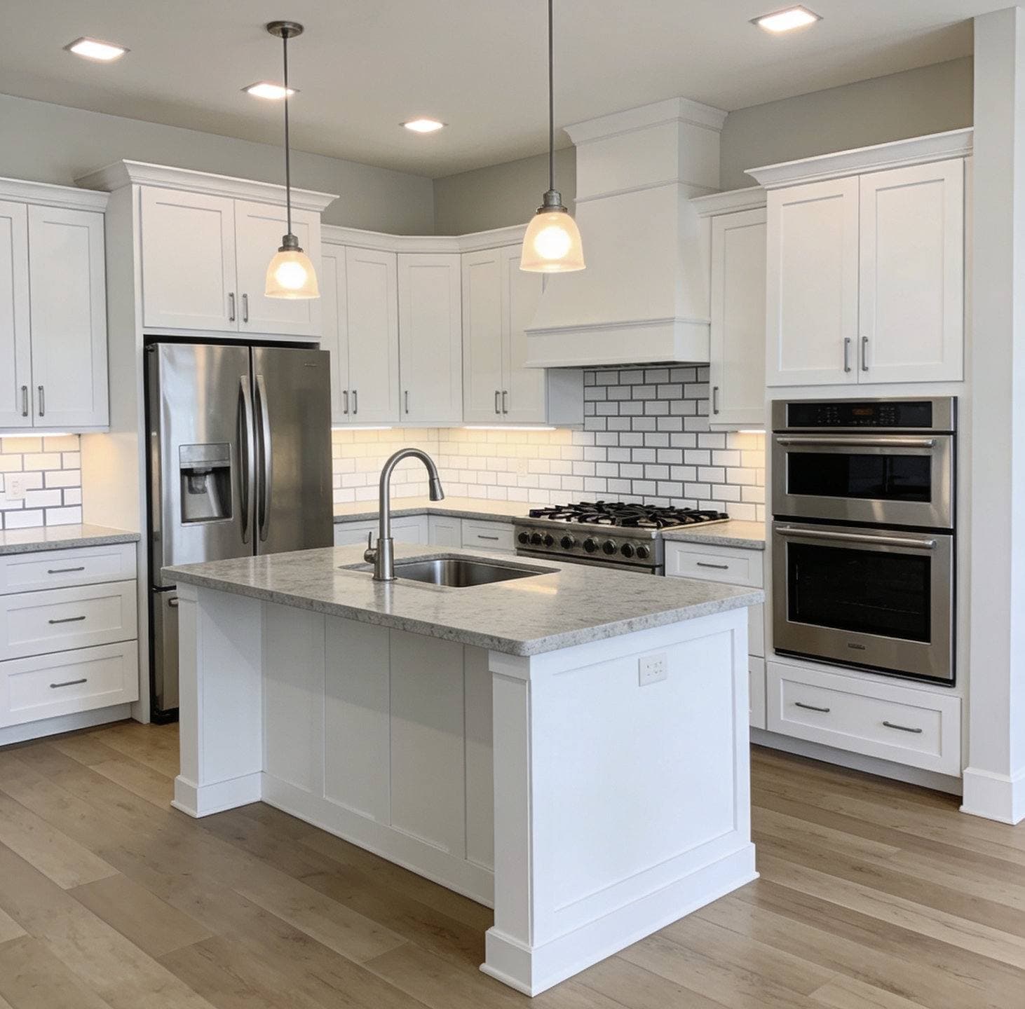 Completed kitchen remodel with white shaker cabinetry, a center island with pendant lighting, and stainless steel appliances