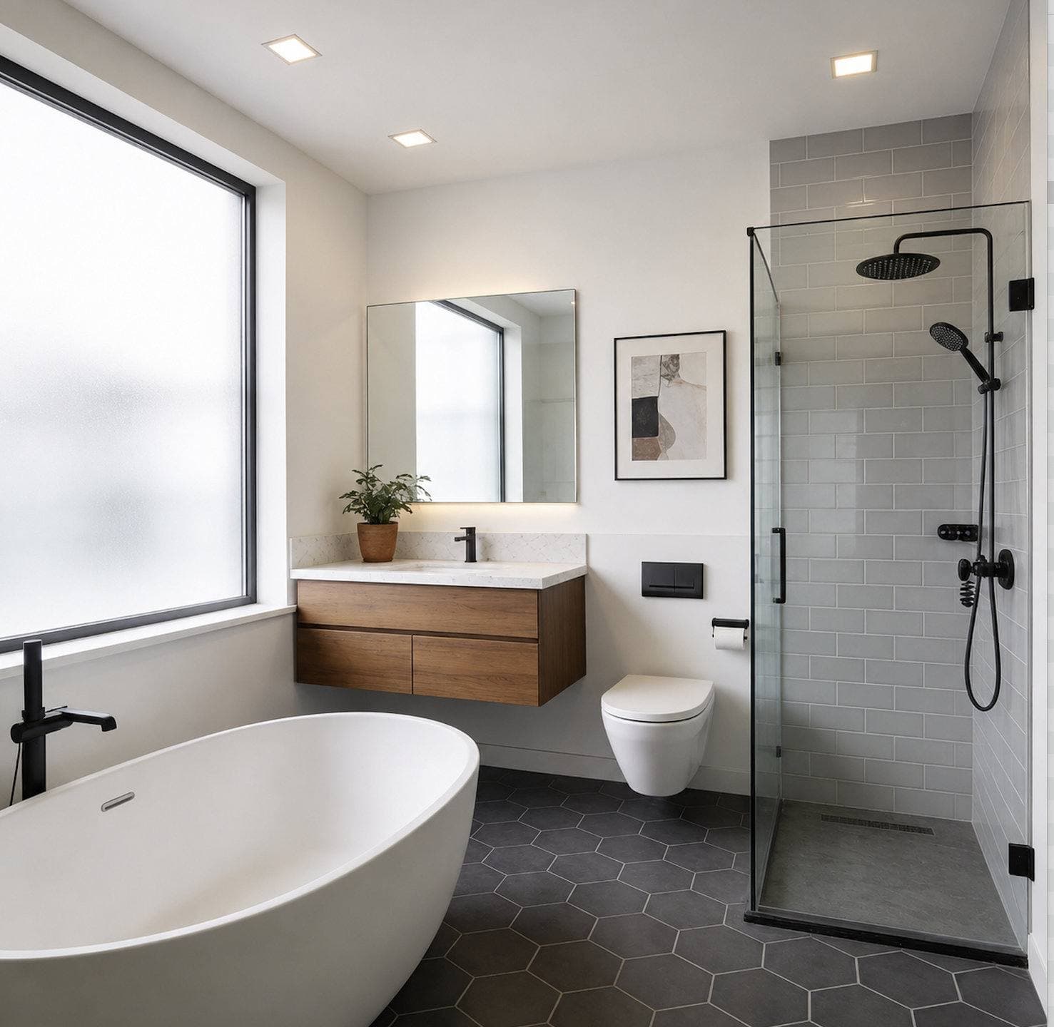 Completed bathroom remodel with a floating wood vanity and a freestanding soaking tub and a glass-enclosed walk-in shower