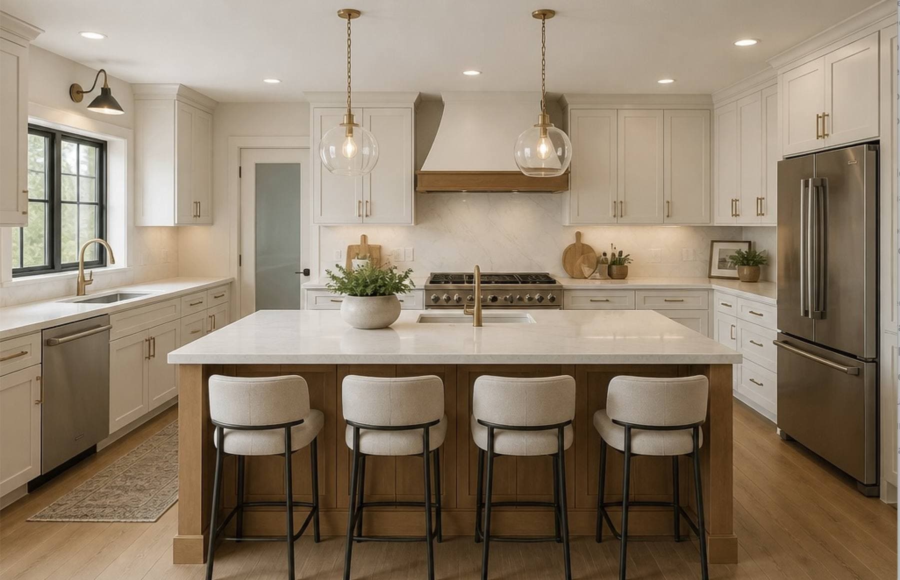 Completed kitchen remodel with white shaker cabinetry, a center island with pendant lighting, and stainless steel appliances