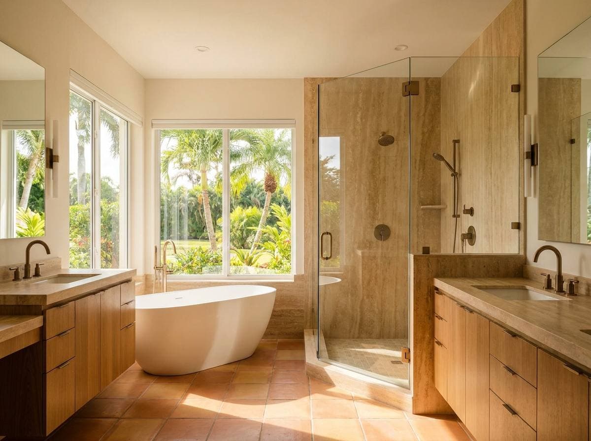 Equestrian estate primary bath remodel Southwest Ranches FL — Hansgrohe, frameless glass, heated floor