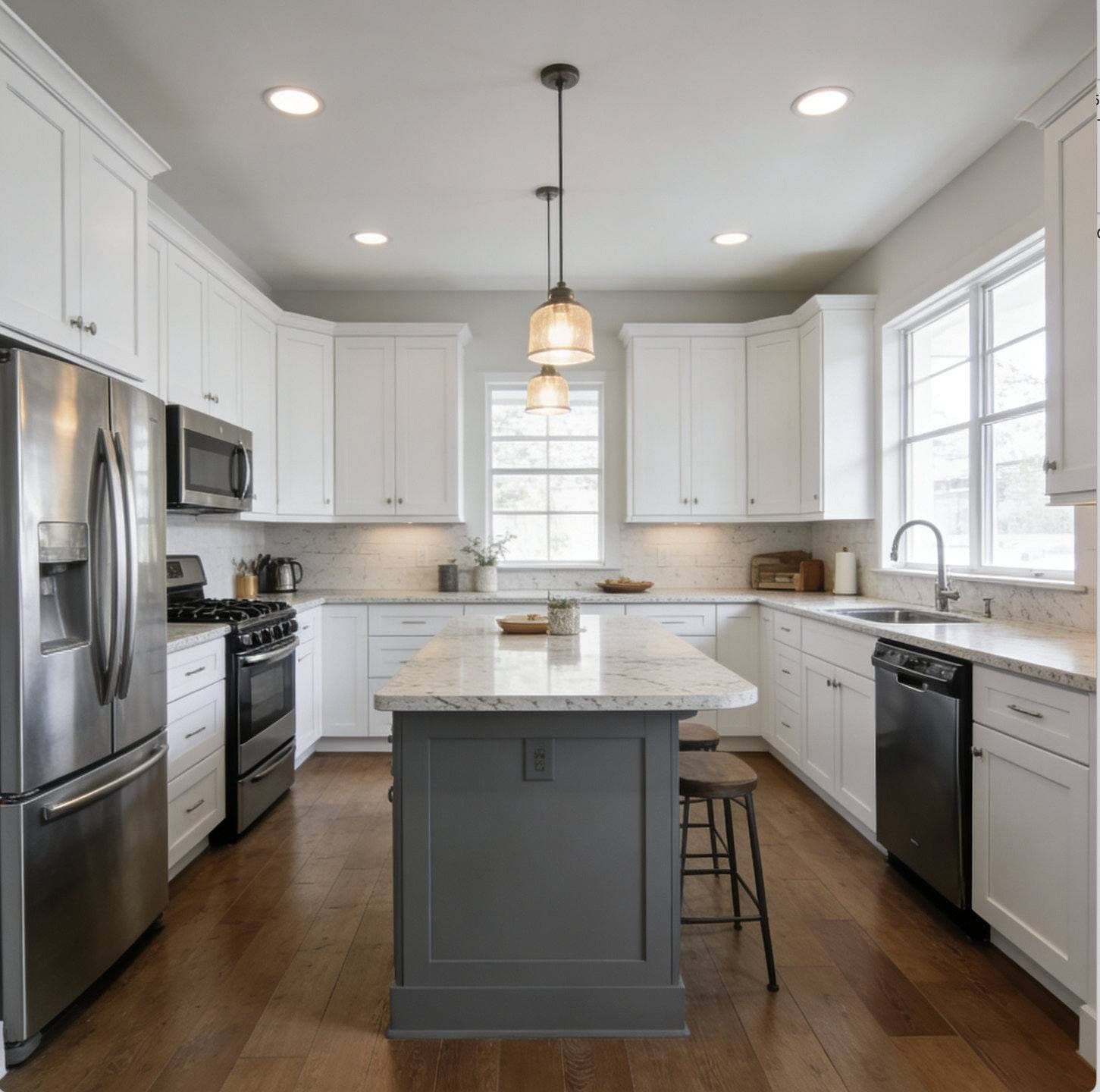 Completed kitchen remodel with white shaker cabinetry, a center island with pendant lighting, and stainless steel appliances