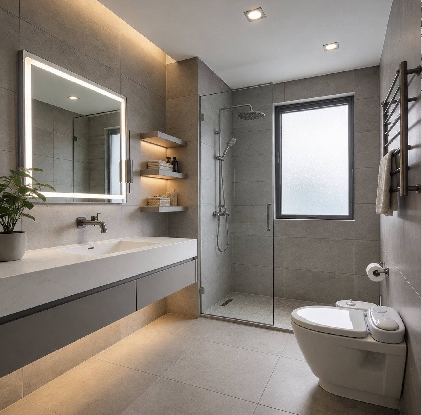 Completed bathroom remodel with a floating wood vanity and a frameless glass walk-in shower