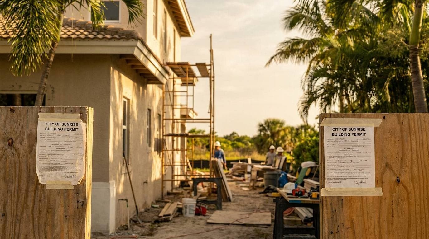 Posted City of Sunrise building permit at active Gaven Constructions remodel jobsite