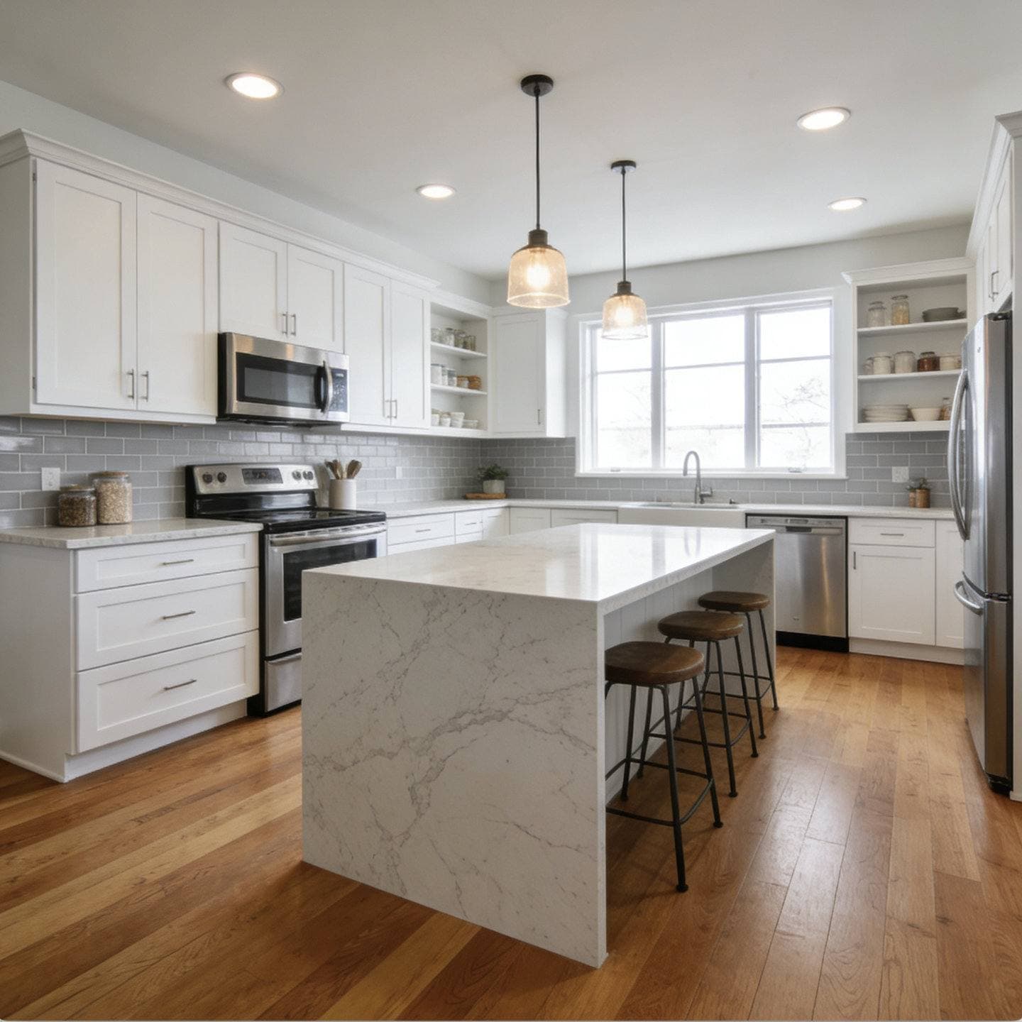 Completed kitchen remodel with white shaker cabinetry, a waterfall-edge island, and stainless steel appliances
