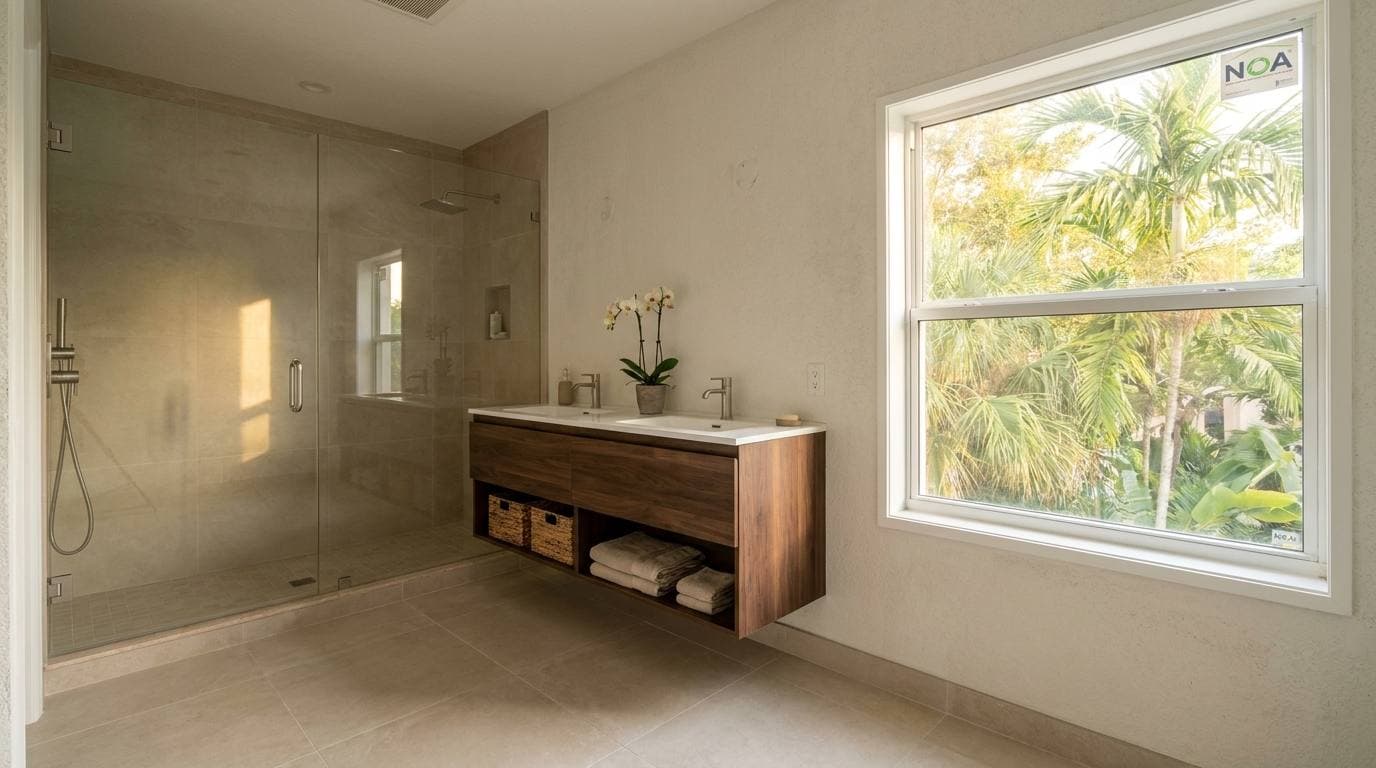 Welleby townhome primary bathroom AFTER remodel — frameless glass enclosure, large-format porcelain tile, floating walnut vanity, NOA-rated window