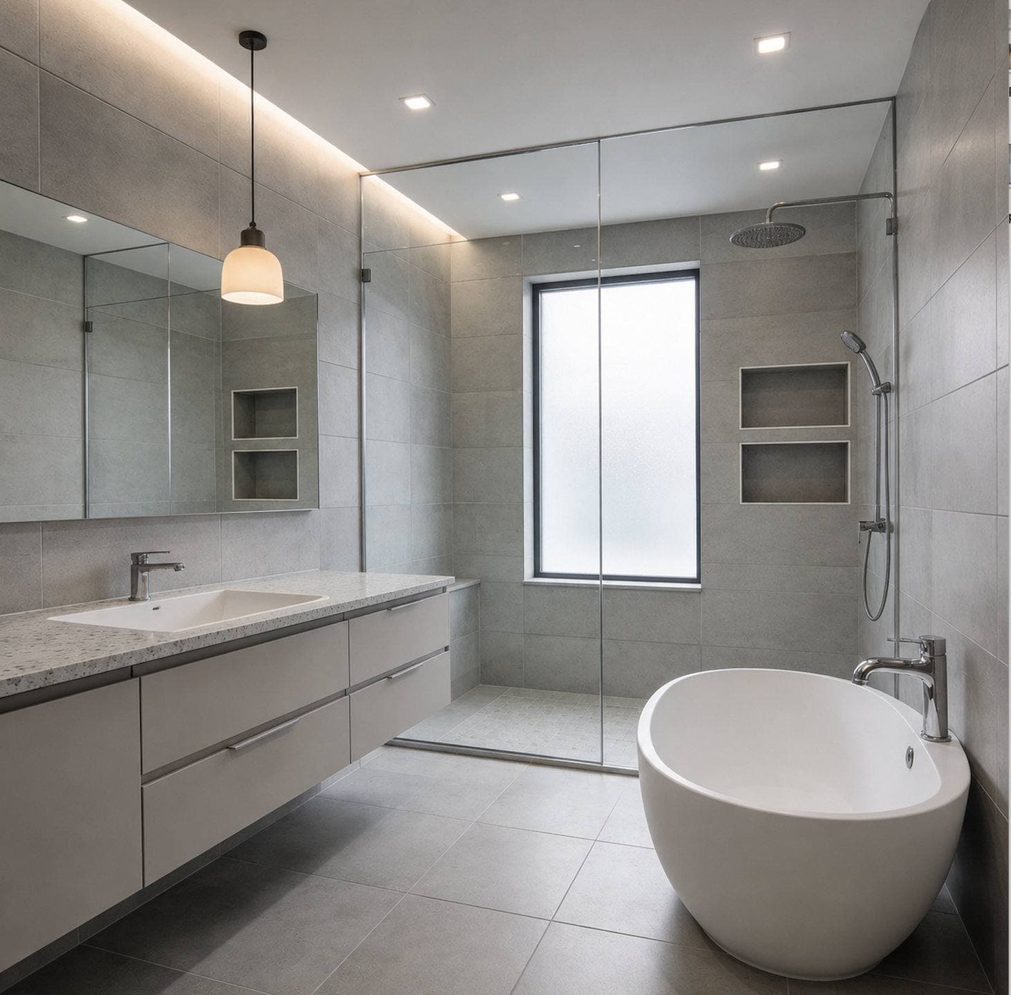 Completed bathroom remodel with a floating wood vanity and a freestanding soaking tub and a glass-enclosed walk-in shower