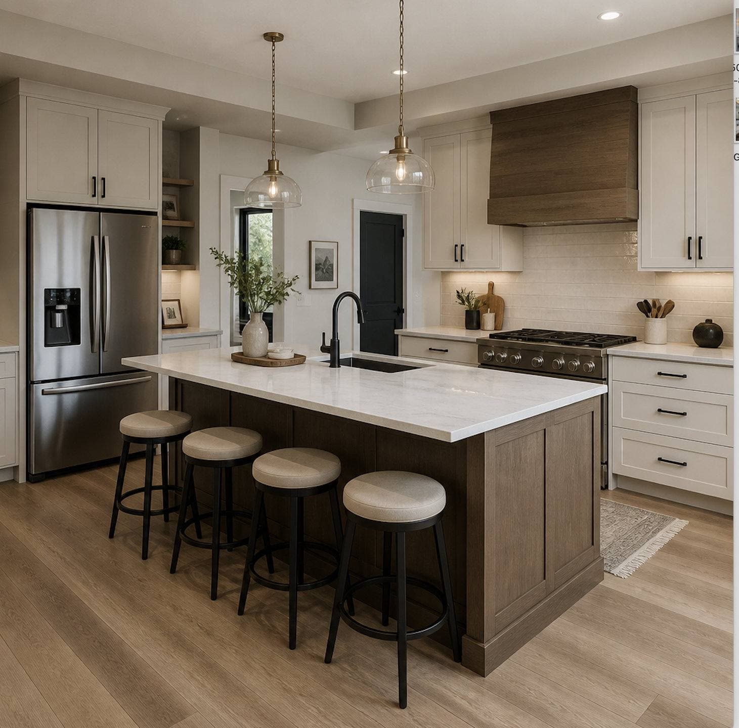Completed kitchen remodel with white shaker cabinetry, a center island with pendant lighting, and stainless steel appliances